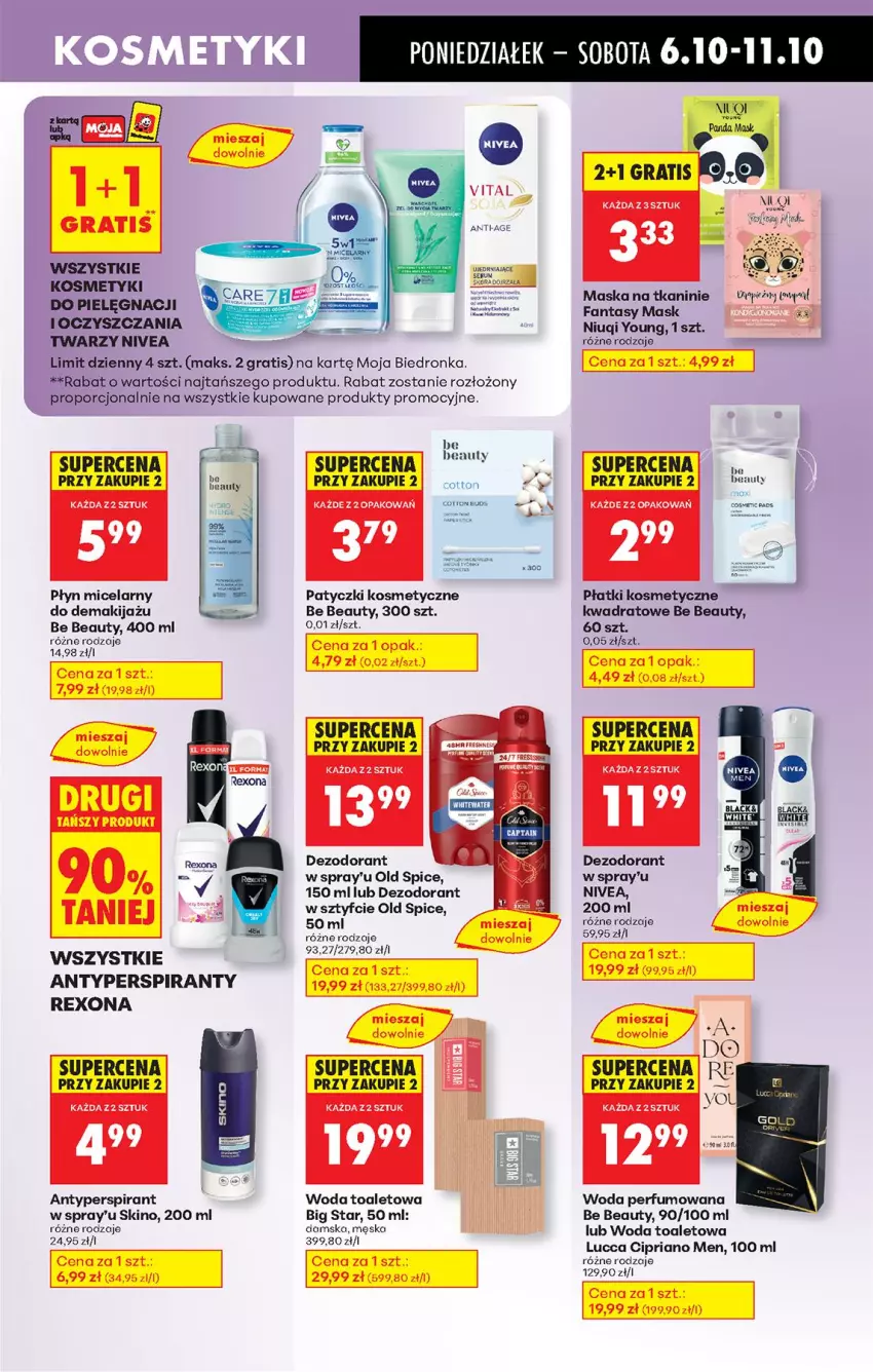 Gazetka promocyjna Biedronka - Od Poniedziałku - ważna 06.10 do 11.10.2025 - strona 69 - produkty: Antyperspirant, Be Be, Dezodorant, Fa, Fanta, Gra, Lack, Makijaż, Maska, Niuqi, Nivea, Old Spice, Patyczki kosmetyczne, Perfum, Płatki kosmetyczne, Płyn micelarny, Rexona, Woda, Woda perfumowana, Woda toaletowa