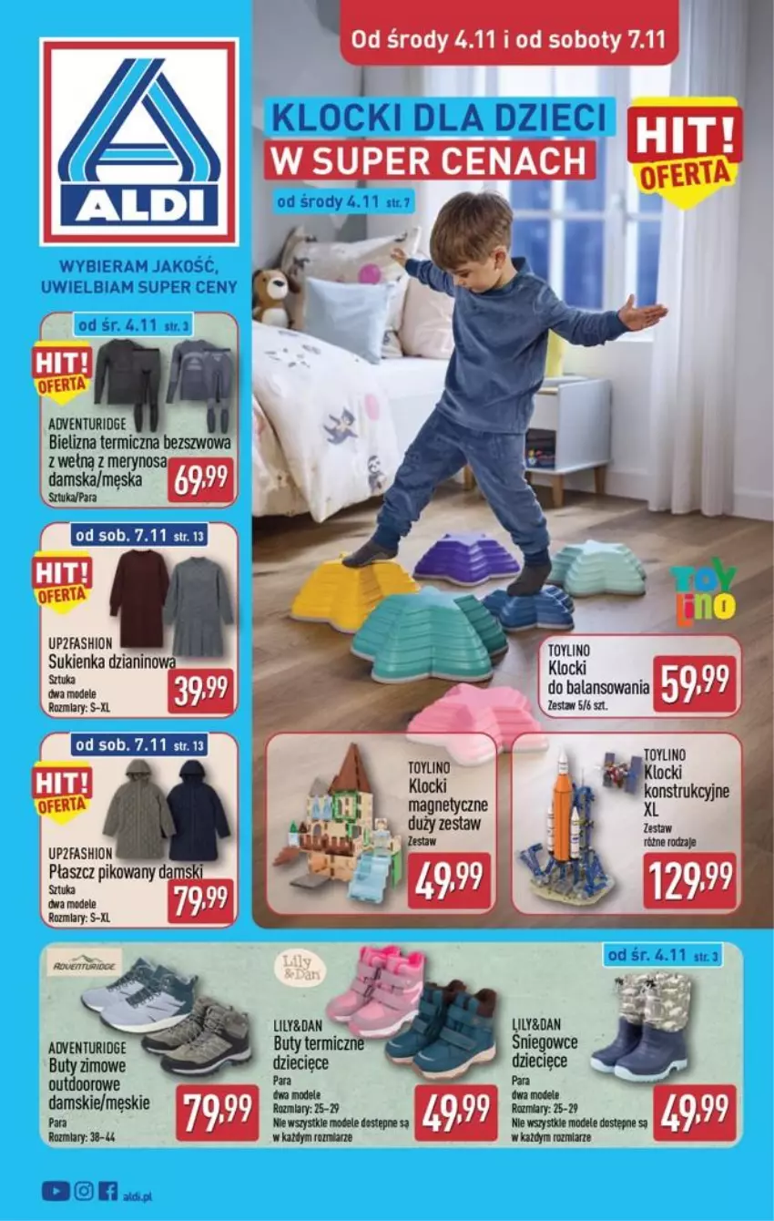 Gazetka promocyjna Aldi - Przygotuj się na kolejny tydzień - ważna 04.11 do 07.11.2026 - strona 1 - produkty: Bielizna, Buty, Buty zimowe, Dzieci, Fa, Klocki, Sukienka