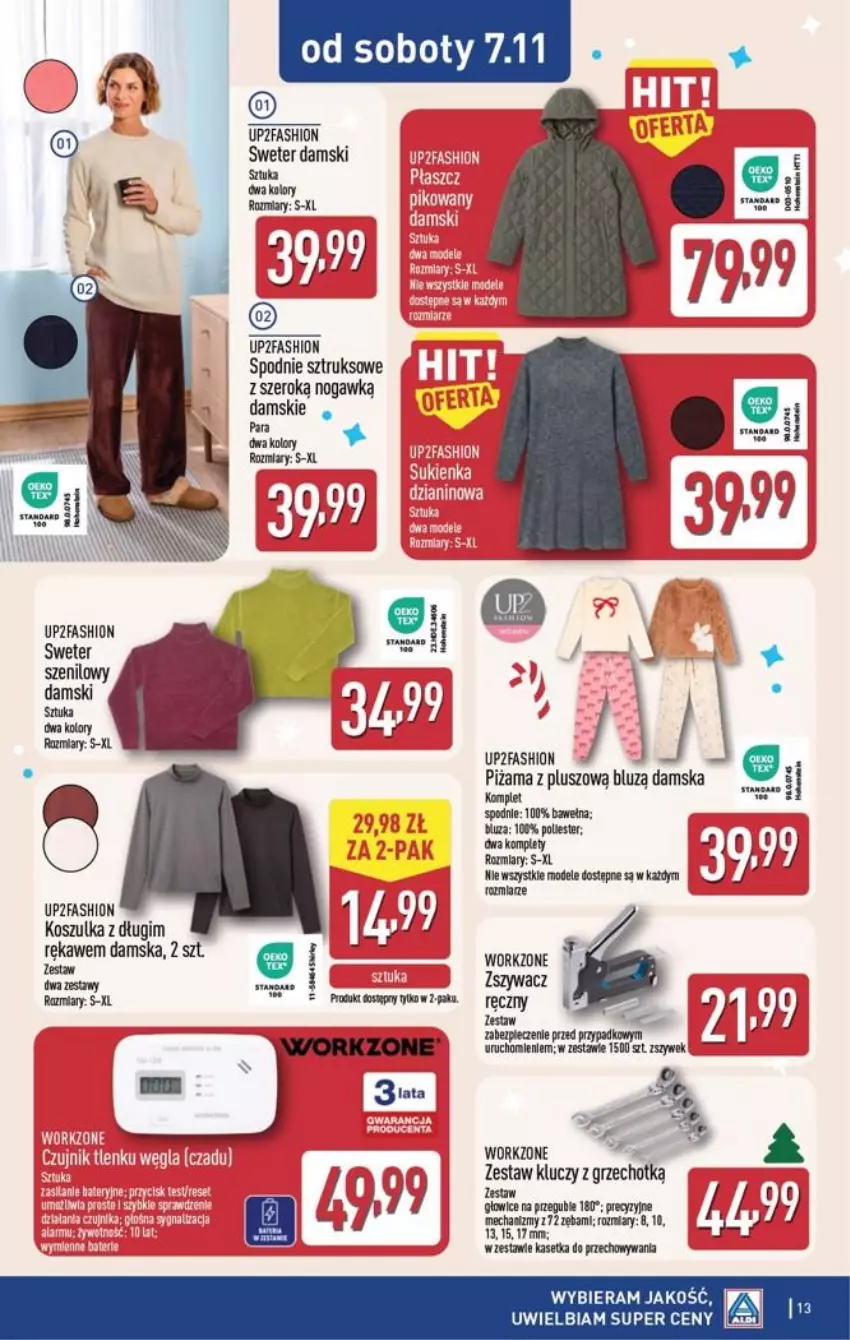 Gazetka promocyjna Aldi - Przygotuj się na kolejny tydzień - ważna 04.11 do 07.11.2026 - strona 13 - produkty: Bluza, Fa, Kosz, Koszulka, Piżama, Płaszcz, Spodnie, Spodnie sztruksowe, Sweter, Wełna, Zestaw kluczy