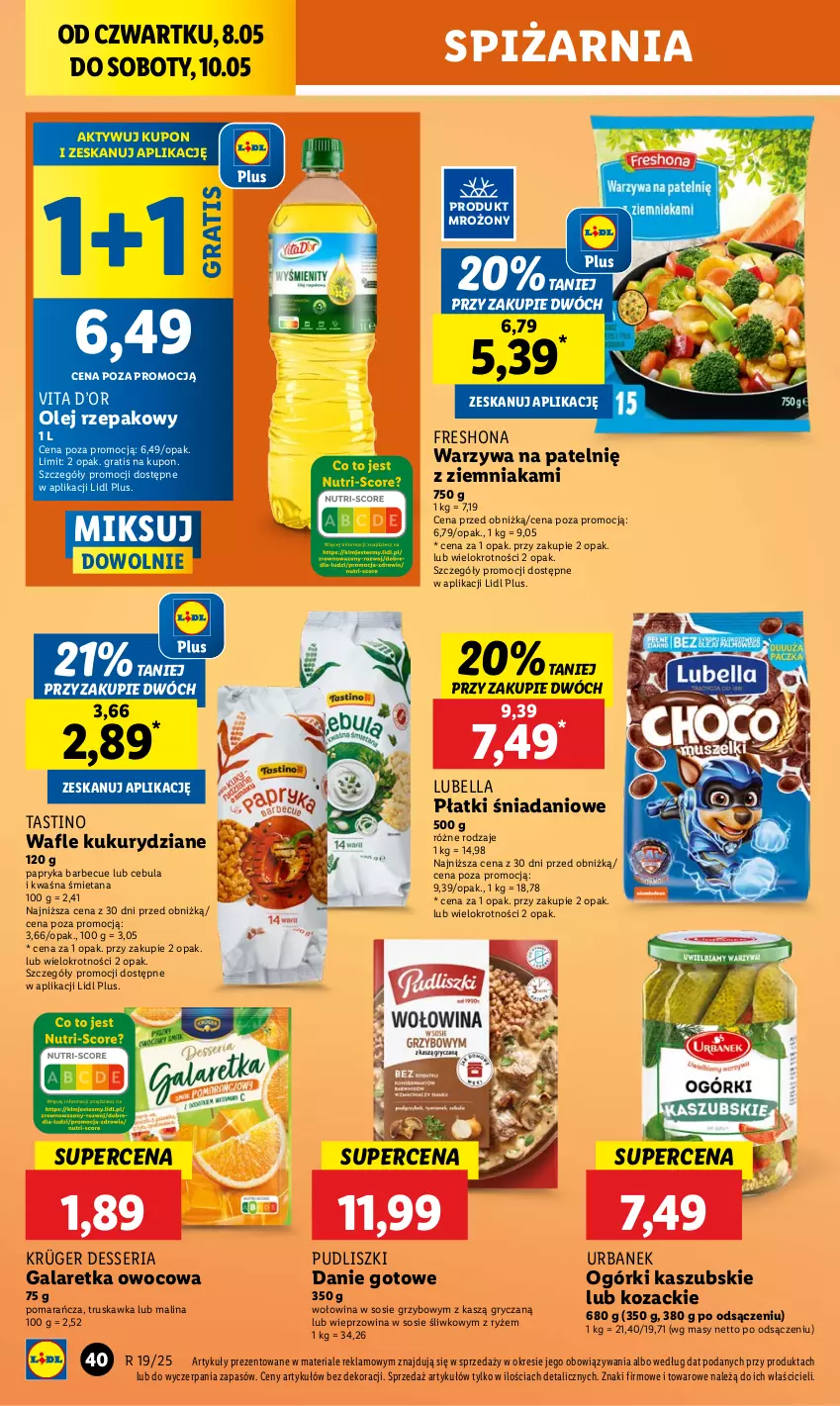 Gazetka promocyjna Lidl - GAZETKA - ważna 08.05 do 10.05.2025 - strona 48 - produkty: Bell, Bella, Cebula, Danie gotowe, Danio, Gala, Galaretka, Gra, Gry, Lubella, Olej, Olej rzepakowy, Papryka, Pudliszki, Ryż, Ser, Sos, Wafle, Warzywa, Wieprzowina, Wołowina