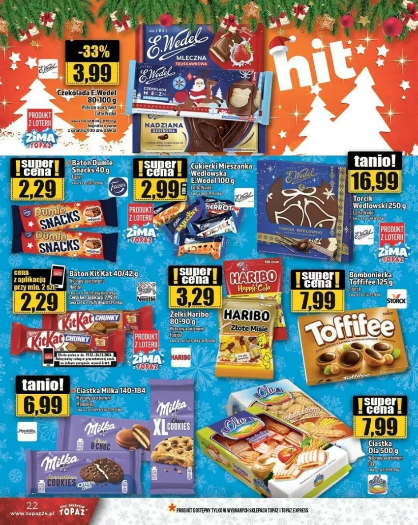 Gazetka promocyjna Topaz - ważna 19.12 do 24.12.2024 - strona 15 - produkty: Baton, Ciastka, Fa, Haribo, Koc, Milka, Toffifee, Top