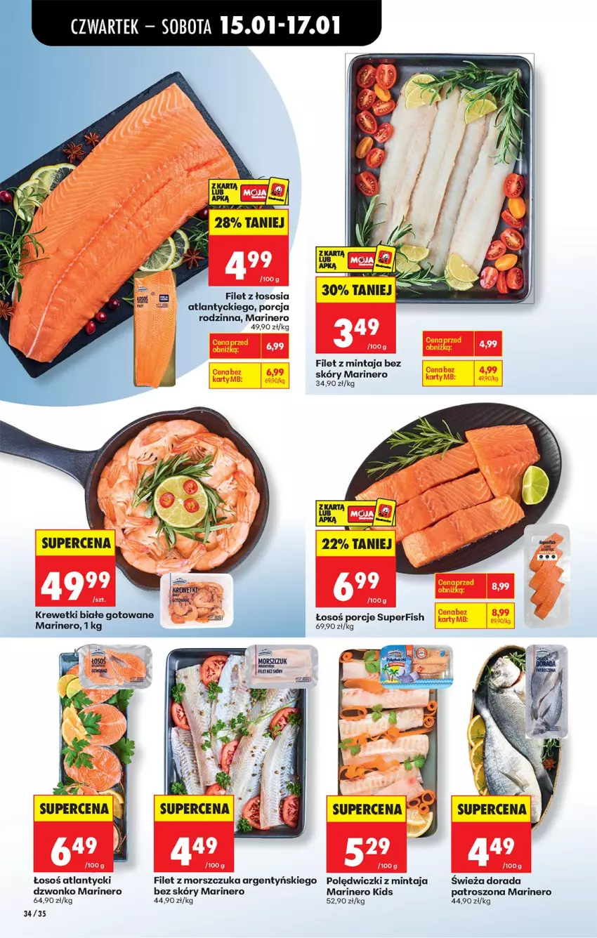 Gazetka promocyjna Biedronka - Gazetka - ważna 15.01 do 22.01.2026 - strona 40 - produkty: Filet z mintaja, Filet z morszczuka, Krewetki, Mintaj, Por, Sos