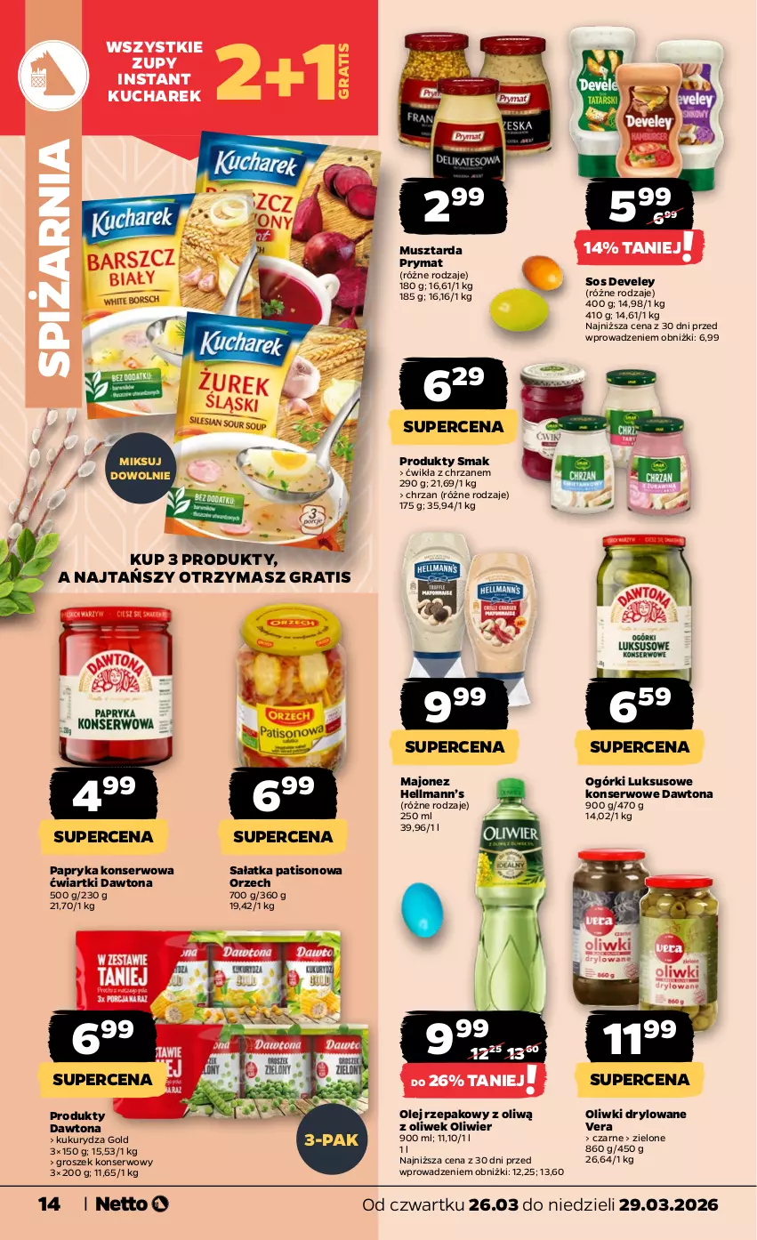 Gazetka promocyjna Netto - Od Czwartku - ważna 26.03 do 29.03.2026 - strona 14 - produkty: Chrzan, Dawtona, Gra, Groszek, Hellmann’s, Kucharek, Kukurydza, Majonez, Mus, Musztarda, Olej, Olej rzepakowy, Oliwki, Papryka, Prymat, Sałat, Sałatka, Sałatka patisonowa, Ser, Sos