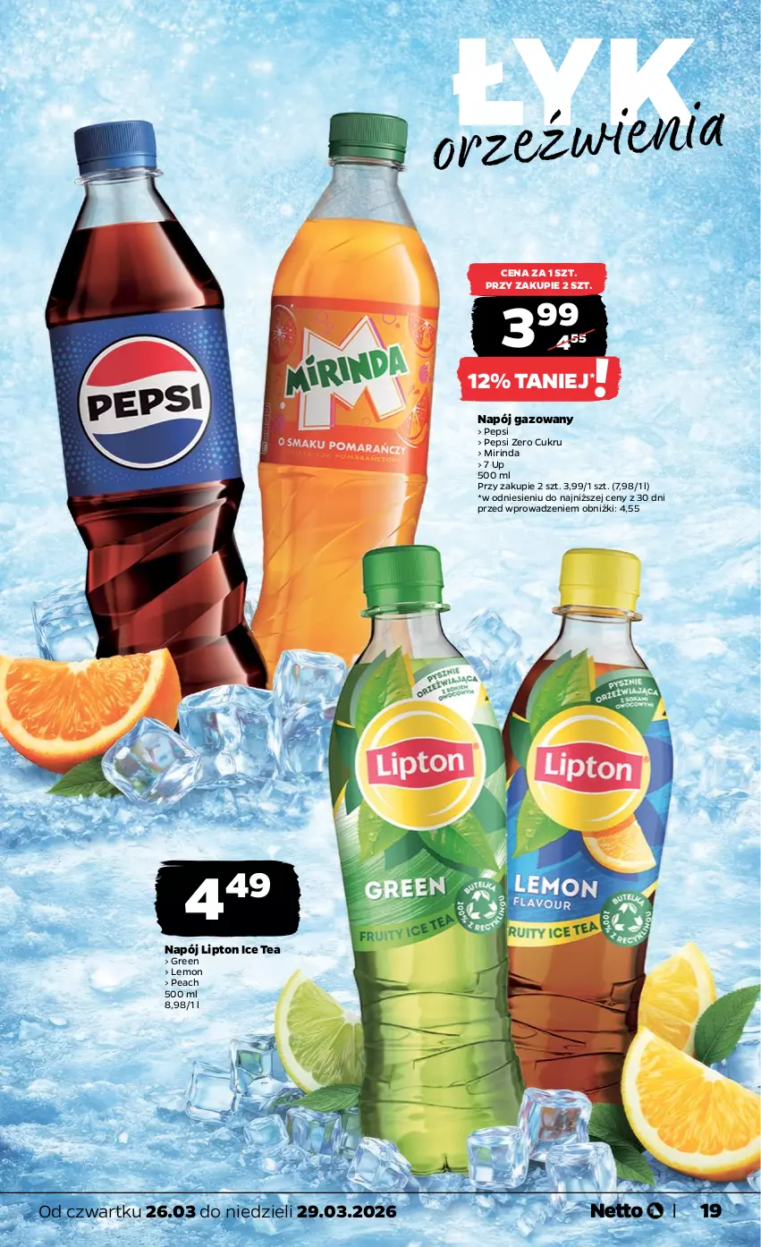 Gazetka promocyjna Netto - Od Czwartku - ważna 26.03 do 29.03.2026 - strona 19 - produkty: Ice tea, Lipton, Mirinda, Napój, Napój gazowany, Pepsi
