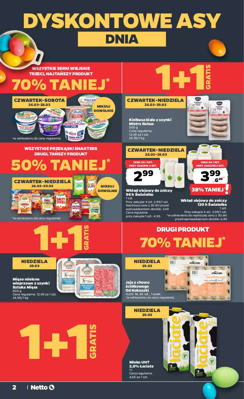 Gazetka promocyjna Netto - Od Czwartku - ważna 26.03 do 29.03.2026 - strona 2 - produkty: Gra, Jaja, Kiełbasa, Kiełbasa biała, Kokos, Kosz, Mięso, Mięso mielone, Mleko, Olej, Ser, Wkład olejowy, Znicz
