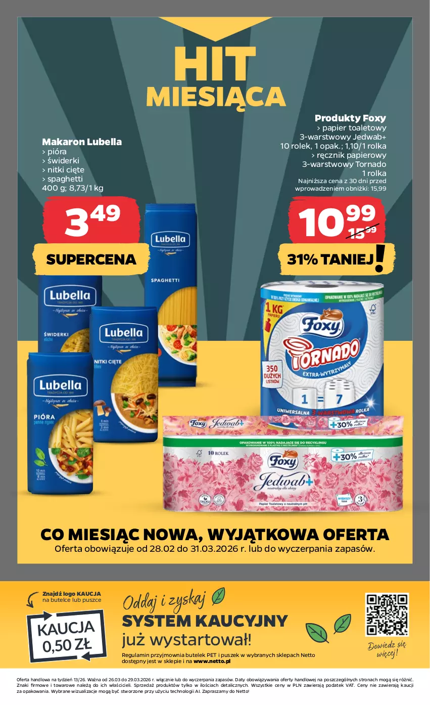 Gazetka promocyjna Netto - Od Czwartku - ważna 26.03 do 29.03.2026 - strona 25 - produkty: Bell, Bella, Foxy, Lubella, Makaron, Papier, Papier toaletowy, Ręcznik, Spaghetti