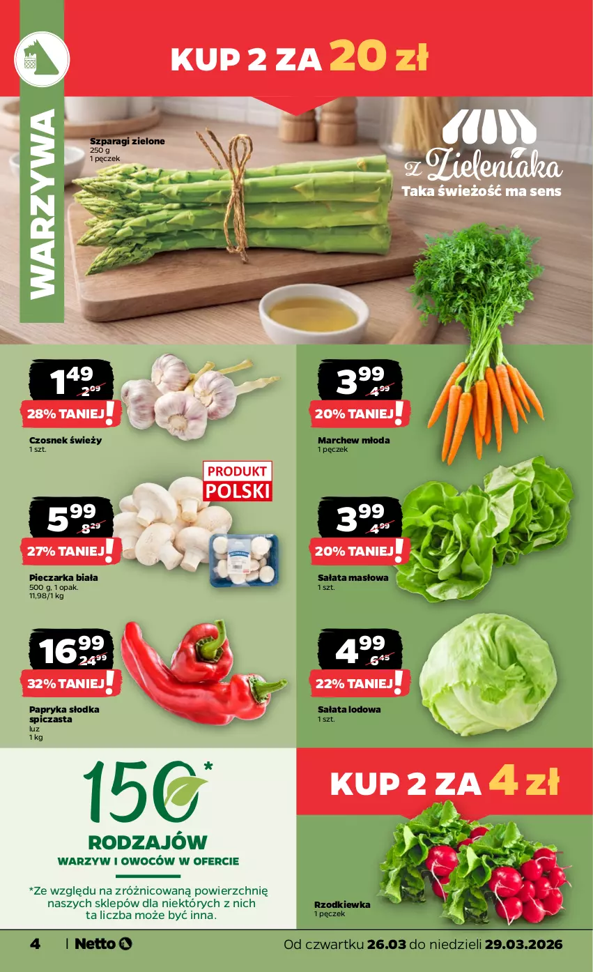 Gazetka promocyjna Netto - Od Czwartku - ważna 26.03 do 29.03.2026 - strona 4 - produkty: Czosnek, Masło, Papryka, Papryka słodka, Piec, Pieczarka, Rzodkiewka, Sałat, Sałata lodowa, Sałata masłowa, Warzywa