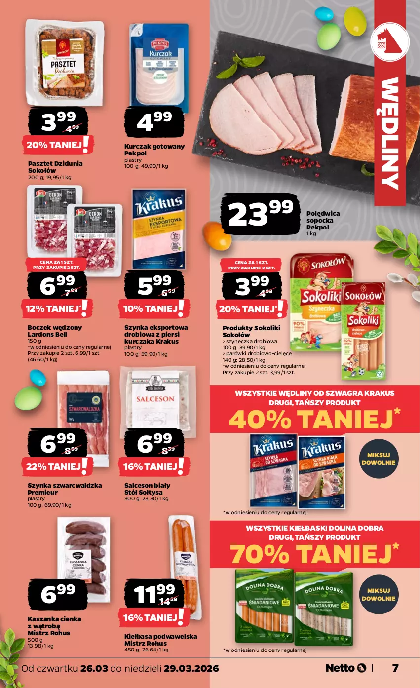 Gazetka promocyjna Netto - Od Czwartku - ważna 26.03 do 29.03.2026 - strona 7 - produkty: Bell, Boczek, Gra, Kasza, Kaszanka, Kiełbasa, Kiełbasa podwawelska, Krakus, Kurczak, Kurczak gotowany, Parówki, Pasztet, Pekpol, Polędwica, Por, Salceson, Sok, Sokołów, Sport, Stół, Szynka, Wawel