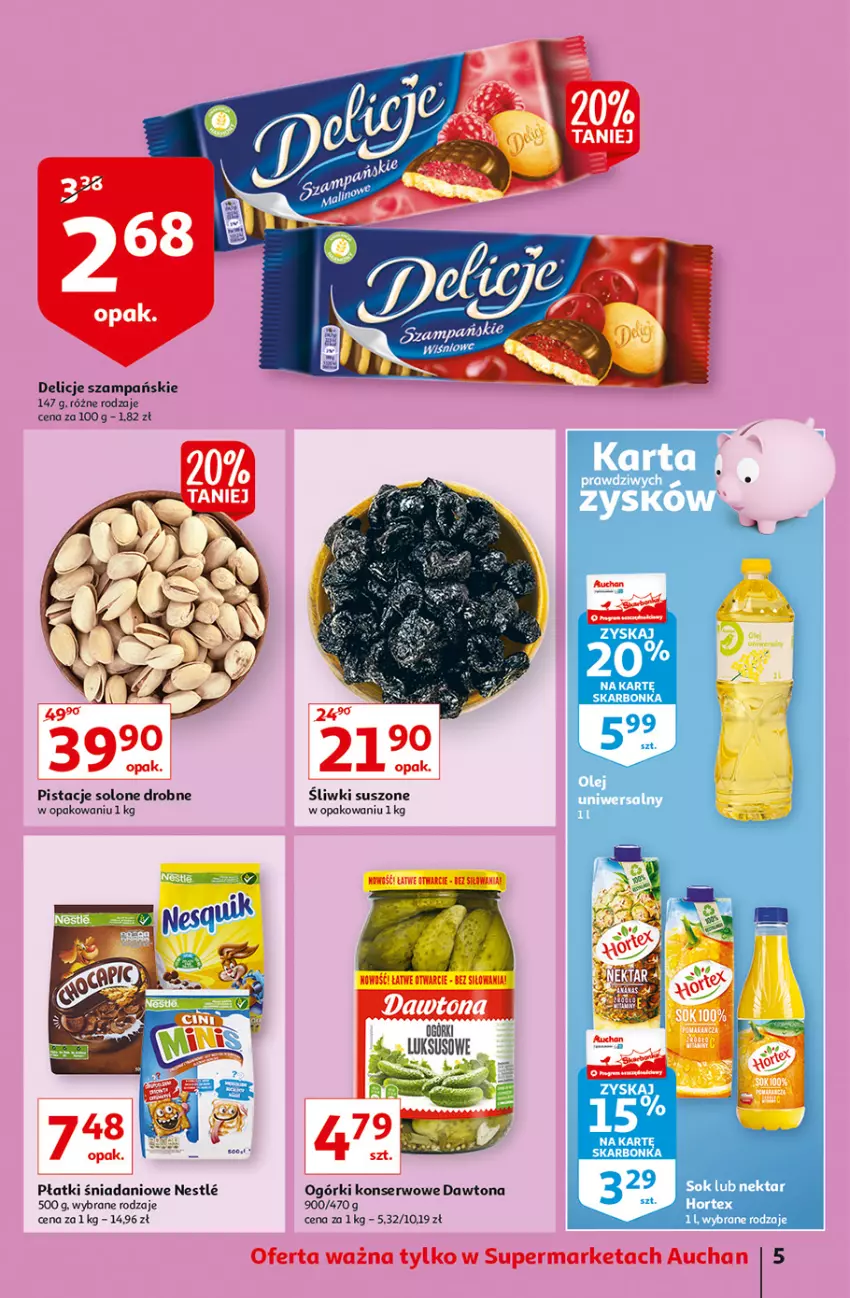 Gazetka promocyjna Auchan - Jesienne superokazje Supermarkety - ważna 04.11 do 10.11.2021 - strona 5 - produkty: Danio, Dawtona, Delicje, Ogórki konserwowe, Pistacje, Ser