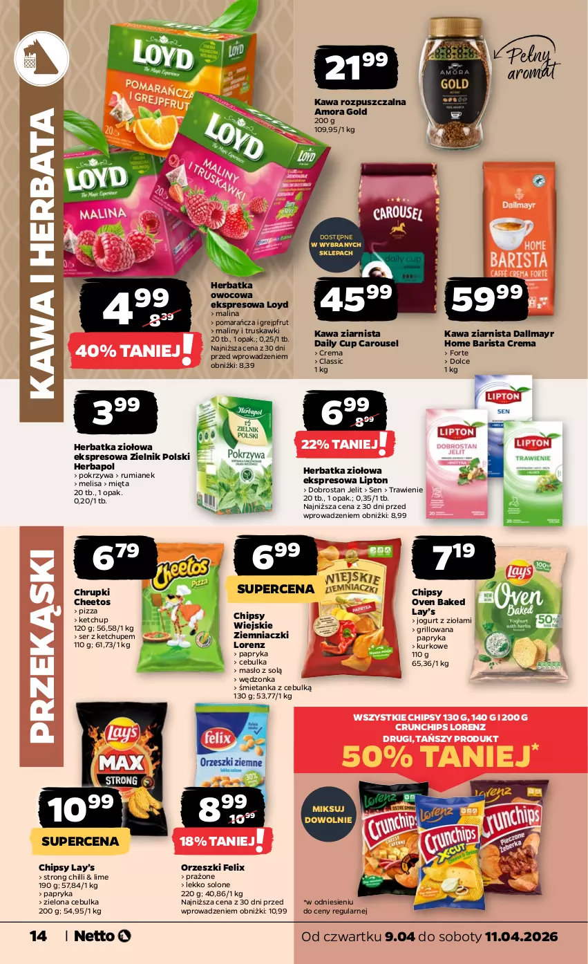 Gazetka promocyjna Netto - Od Czwartku - ważna 09.04 do 11.04.2026 - strona 14 - produkty: Cheetos, Chipsy, Chrupki, Crunchips, Dallmayr, Felix, Grejpfrut, Grill, Herbapol, Herbata, Jogurt, Kawa, Kawa rozpuszczalna, Kawa ziarnista, Ketchup, Lay’s, Lipton, Lorenz, Loyd, Maliny, Masło, Mięta, Orzeszki, Papryka, Pizza, Rum, Ser, Truskawki