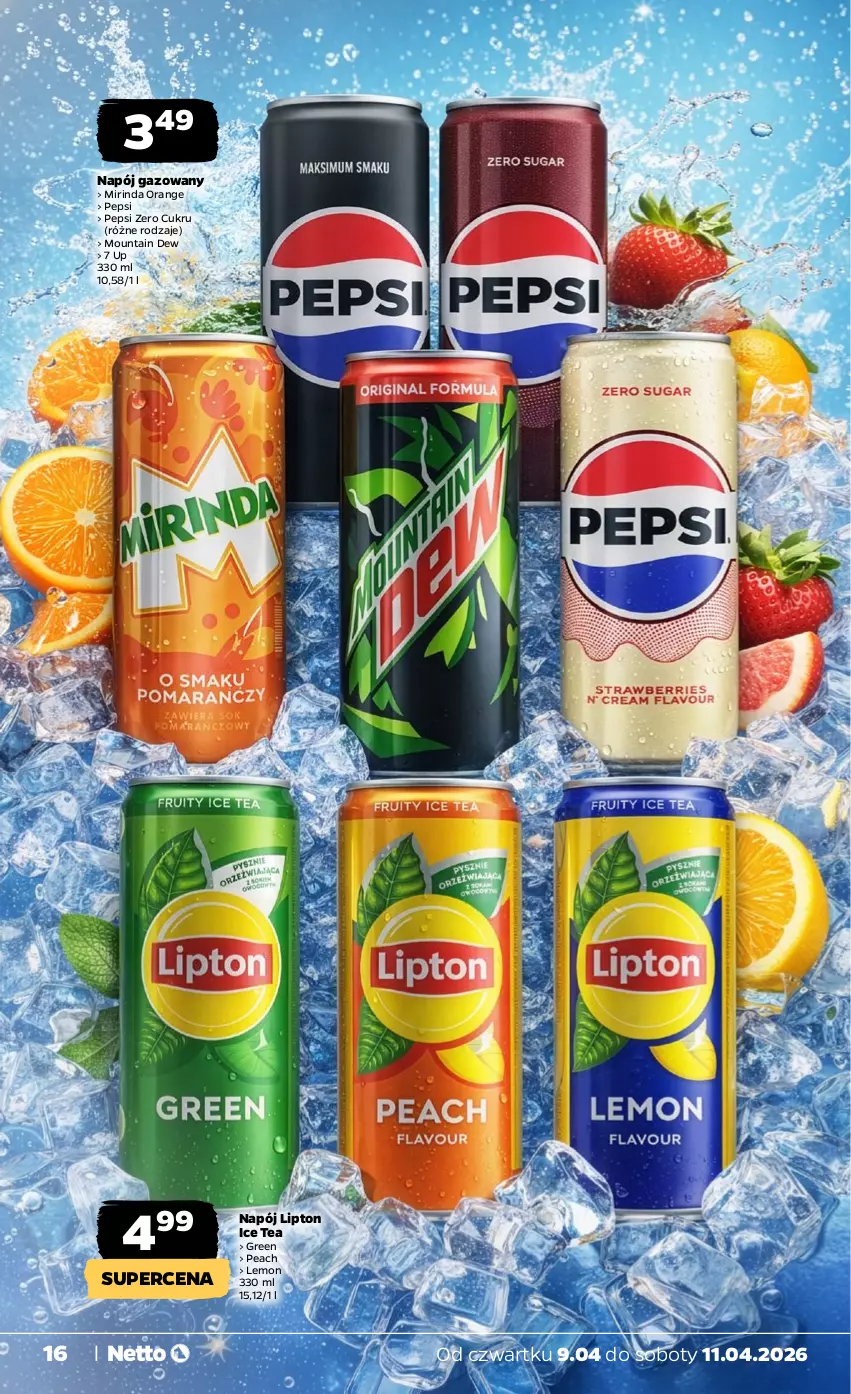 Gazetka promocyjna Netto - Od Czwartku - ważna 09.04 do 11.04.2026 - strona 16 - produkty: Ice tea, Lipton, Mirinda, Napój, Napój gazowany, Pepsi