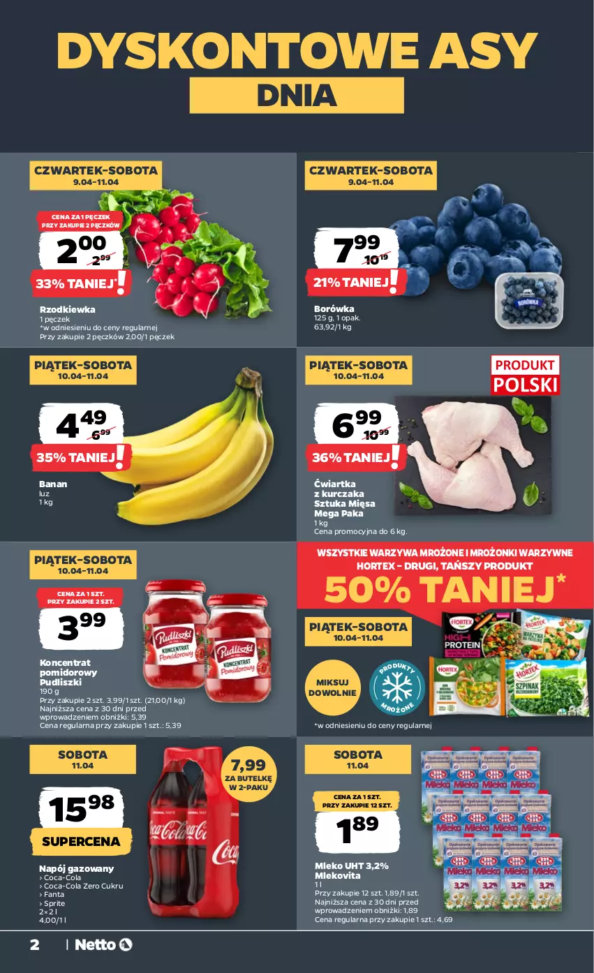 Gazetka promocyjna Netto - Od Czwartku - ważna 09.04 do 11.04.2026 - strona 2 - produkty: Borówka, Coca-Cola, Fa, Fanta, Hortex, Koncentrat pomidorowy, Kurczak, Mleko, Mlekovita, Napój, Napój gazowany, Pudliszki, Rzodkiewka, Sprite, Warzywa