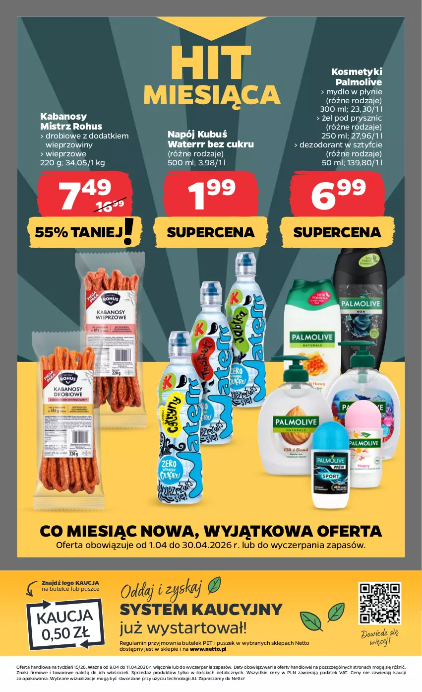 Gazetka promocyjna Netto - Od Czwartku - ważna 09.04 do 11.04.2026 - strona 21 - produkty: Dezodorant, Kabanos, Kubuś, Kubuś Waterrr, Mydło, Mydło w płynie, Napój, Palmolive