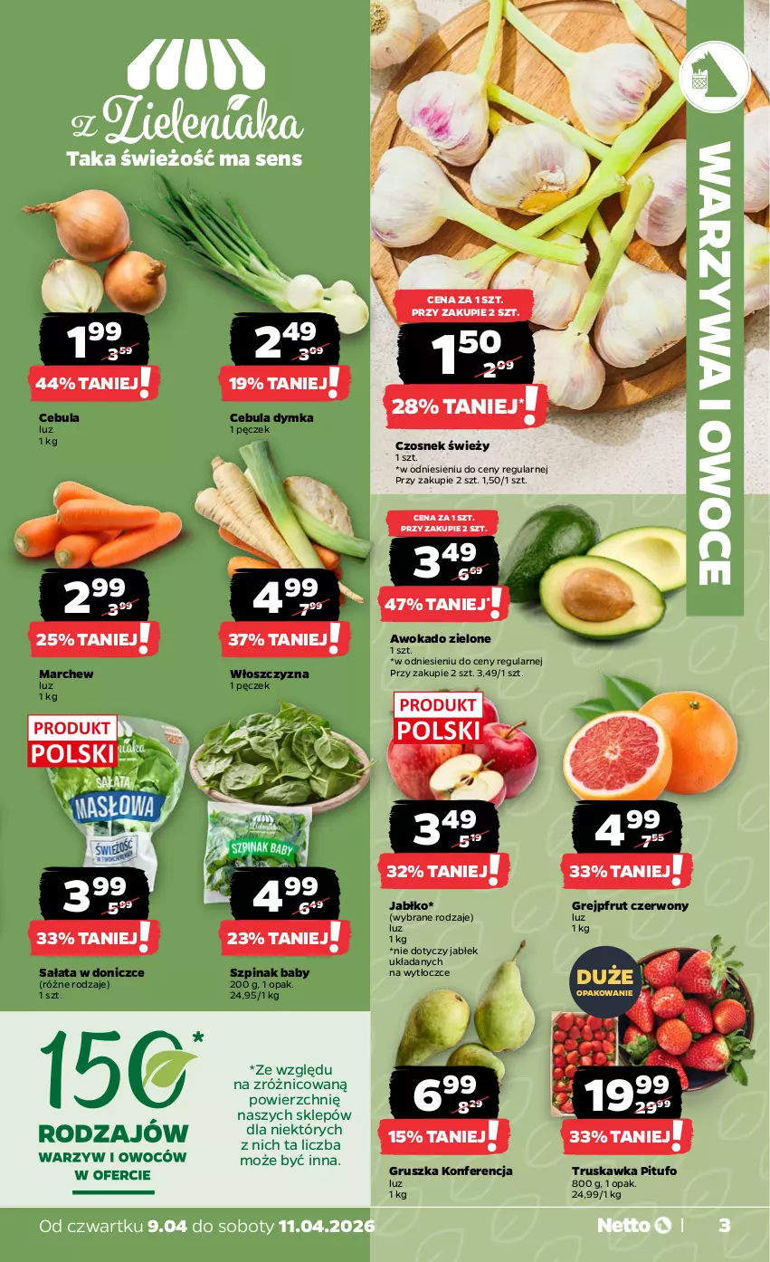 Gazetka promocyjna Netto - Od Czwartku - ważna 09.04 do 11.04.2026 - strona 3 - produkty: Cebula, Czosnek, Grejpfrut, Owoce, Sałat, Szpinak, Warzywa, Warzywa i owoce