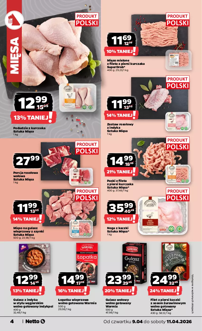 Gazetka promocyjna Netto - Od Czwartku - ważna 09.04 do 11.04.2026 - strona 4 - produkty: Filet z piersi kaczki, Gulasz wołowy, Kurczak, Mięso, Mięso mielone, Mięso na gulasz, Noga z kaczki, Podudzie z kurczaka, Por, Sos, Wino