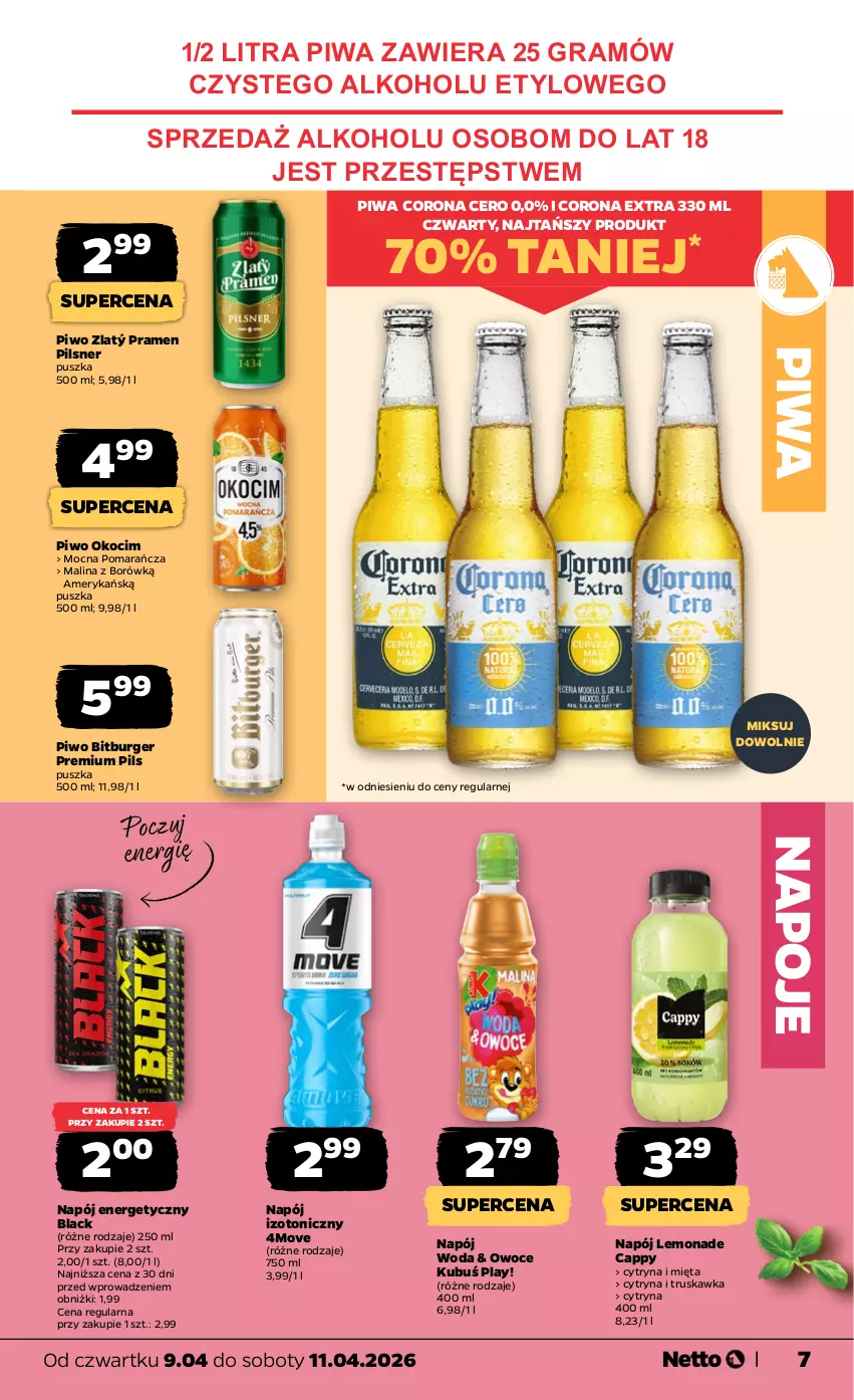 Gazetka promocyjna Netto - Od Czwartku - ważna 09.04 do 11.04.2026 - strona 7 - produkty: Burger, Cappy, Corona Extra, Gra, Koc, Kubuś, Lack, Mięta, Napój, Napój energetyczny, Napój izotoniczny, Napoje, Okocim, Owoce, Piwa, Piwo, Woda