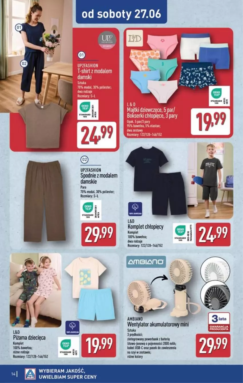 Gazetka promocyjna Aldi - Ostatnie sztuki w wybranych sklepach - ważna 24.06 do 27.06.2026 - strona 14 - produkty: Akumulator, Dzieci, Fa, Kabel USB, Moda, NBA, Pasek, Piżama, Powerbank, Spodnie, Wełna