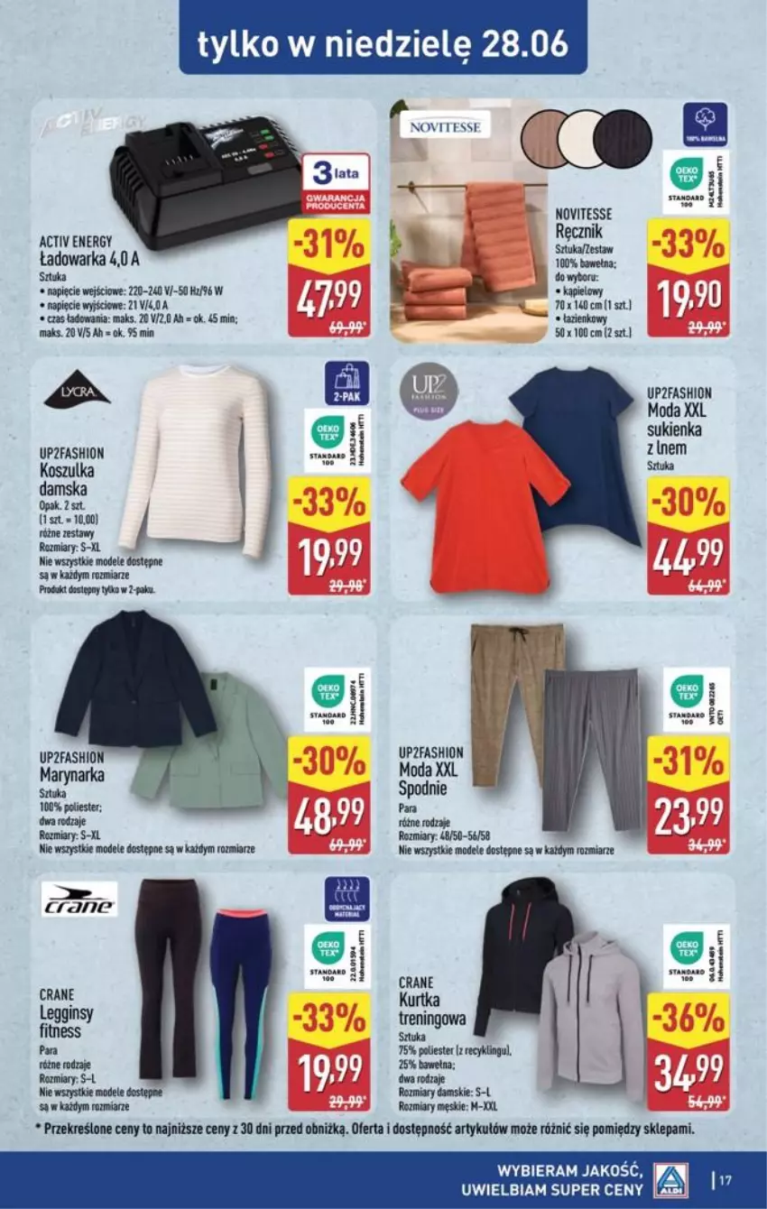 Gazetka promocyjna Aldi - Ostatnie sztuki w wybranych sklepach - ważna 24.06 do 27.06.2026 - strona 17 - produkty: Fa, Gin, Kosz, Koszulka, Kurtka, Legginsy, Moda, Ręcznik, Spodnie, Sukienka, Warka, Wełna