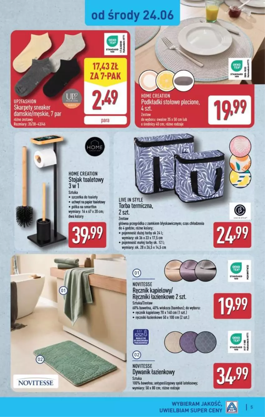Gazetka promocyjna Aldi - Ostatnie sztuki w wybranych sklepach - ważna 24.06 do 27.06.2026 - strona 5 - produkty: Dywan, Dywanik, Dywanik łazienkowy, Fa, Półka, Ręcznik, Ręcznik kąpielowy, Smartfon, Stojak, Torba, Wełna