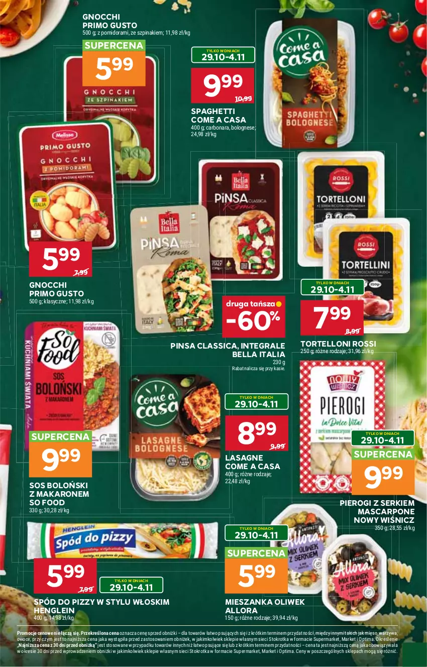 Gazetka promocyjna Stokrotka - Supermarket - ważna 29.10 do 04.11.2026 - strona 40 - produkty: Bell, Bella, Gnocchi, Gra, Lasagne, Makaron, Mascarpone, Mięso, Optima, Owoce, Pierogi, Ser, So Food, Sos, Spaghetti, Spód do pizzy, Szpinak, Tortelloni, Warzywa