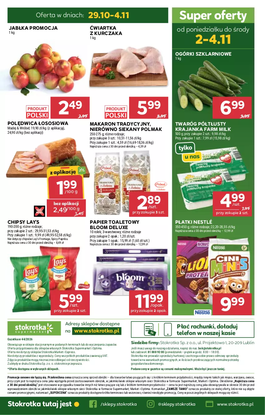 Gazetka promocyjna Stokrotka - Supermarket - ważna 29.10 do 04.11.2026 - strona 58 - produkty: Chipsy, Dres, Fa, Farm Milk, Jabłka, Kurczak, Lay’s, Makaron, Mięso, Nestlé, O nas, Olma, Optima, Owoce, Papier, Papier toaletowy, Polędwica, Sos, Telefon, Twaróg, Twaróg półtłusty, Wagi, Warzywa