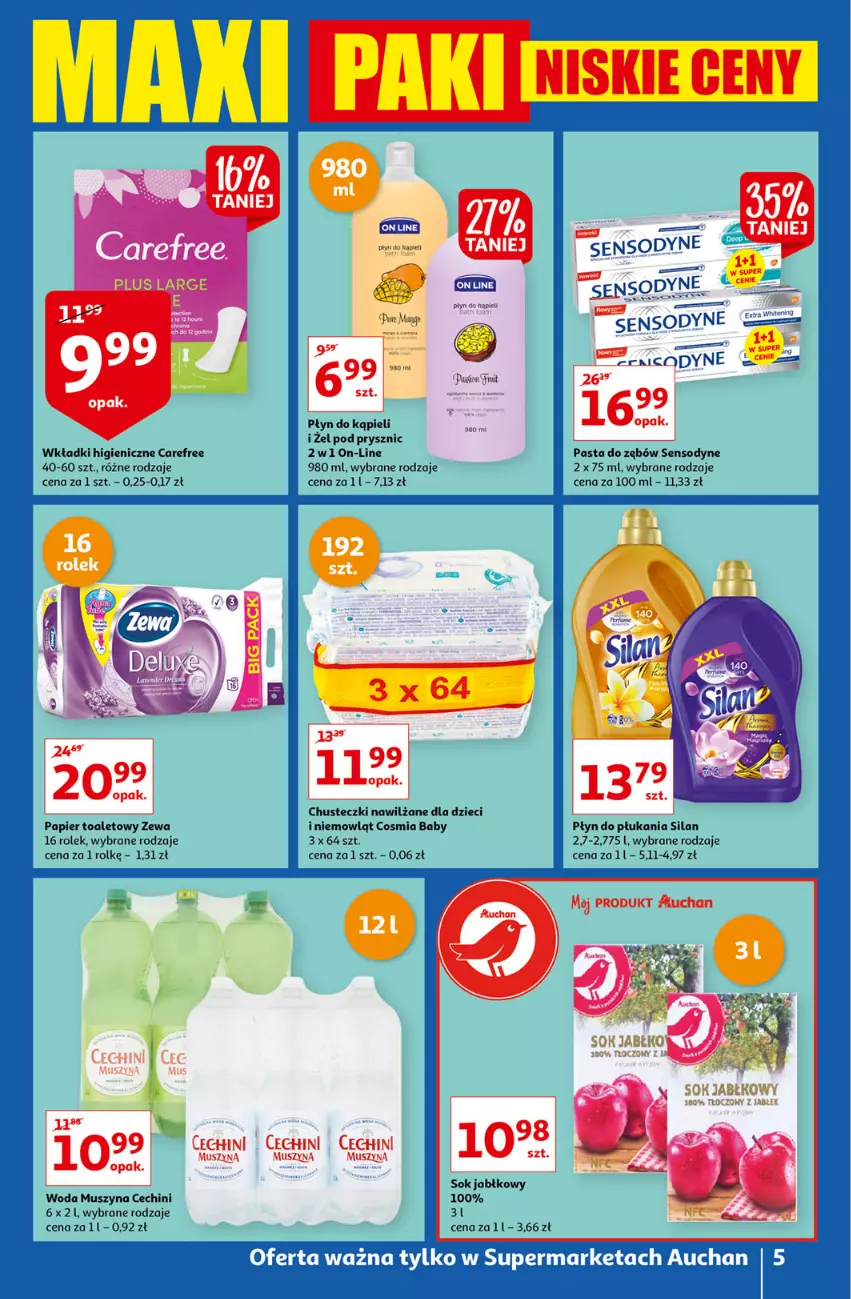 Gazetka promocyjna Auchan - Maxi Paki Niskie Ceny Supermarkety - ważna 13.01 do 19.01.2022 - strona 5 - produkty: Carefree, Dzieci, Fa, Mus, Płyn do kąpieli, Płyn do płukania, Silan, Sok, Sok jabłkowy, Szyna, Wkładki, Woda