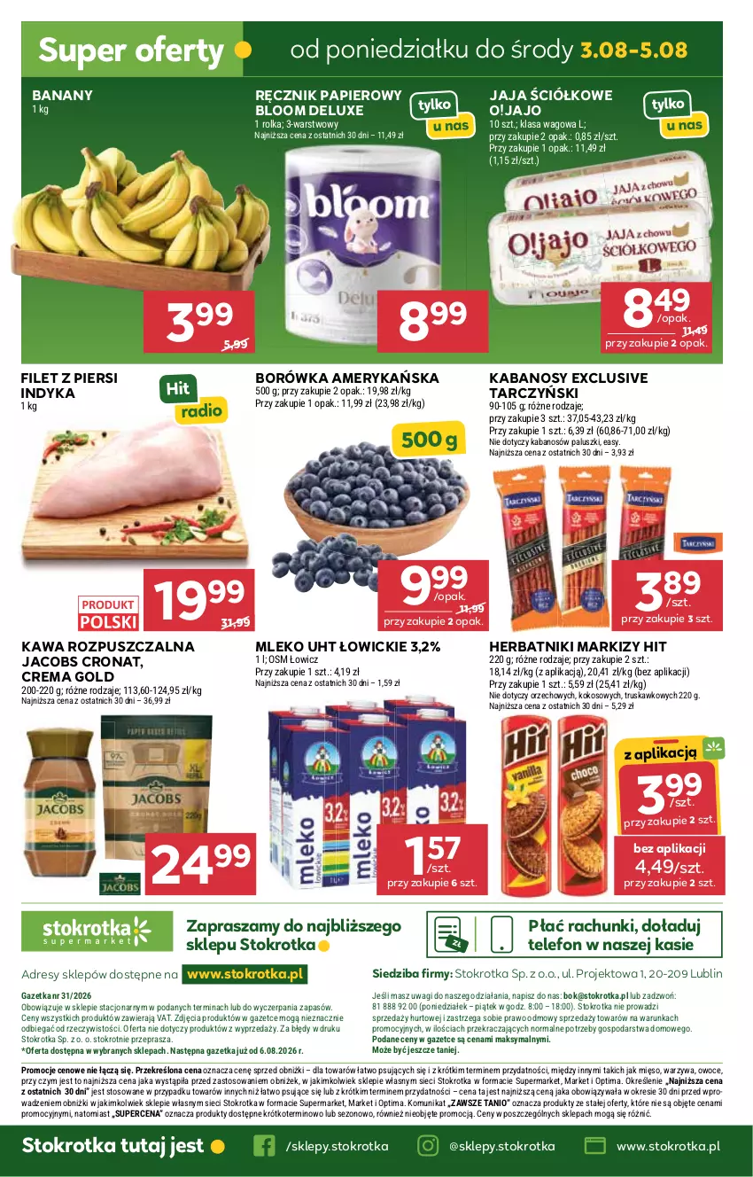 Gazetka promocyjna Stokrotka - Supermarket - ważna 30.07 do 05.08.2026 - strona 42 - produkty: Banany, Borówka, Borówka amerykańska, Dres, Filet z piersi indyka, Herbatniki, Jacobs, Jaja, JBL, Kabanos, Kawa, Kawa rozpuszczalna, Kokos, Mięso, Mleko, O nas, Optima, Owoce, Papier, Ręcznik, Tarczyński, Telefon, Wagi, Warzywa
