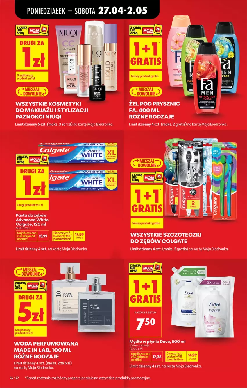 Gazetka promocyjna Biedronka - Od Poniedziałku - ważna 27.04 do 02.05.2026 - strona 35 - produkty: Colgate, Dove, Fa, Gra, LG, Makijaż, Mydło, Mydło w płynie, Niuqi, Pasta do zębów, Perfum, Por, Woda, Woda perfumowana