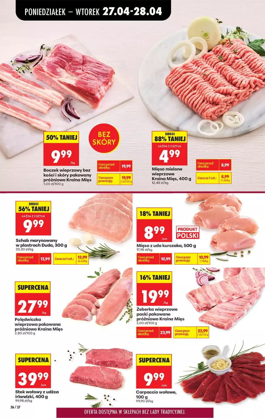 Gazetka promocyjna Biedronka - Od Poniedziałku - ważna 27.04 do 02.05.2026 - strona 45 - produkty: Boczek, Boczek wieprzowy, Carpaccio, Duda, Kurczak, Mięso, Mięso mielone, Mięso z uda kurczaka, Stek, Stek wołowy