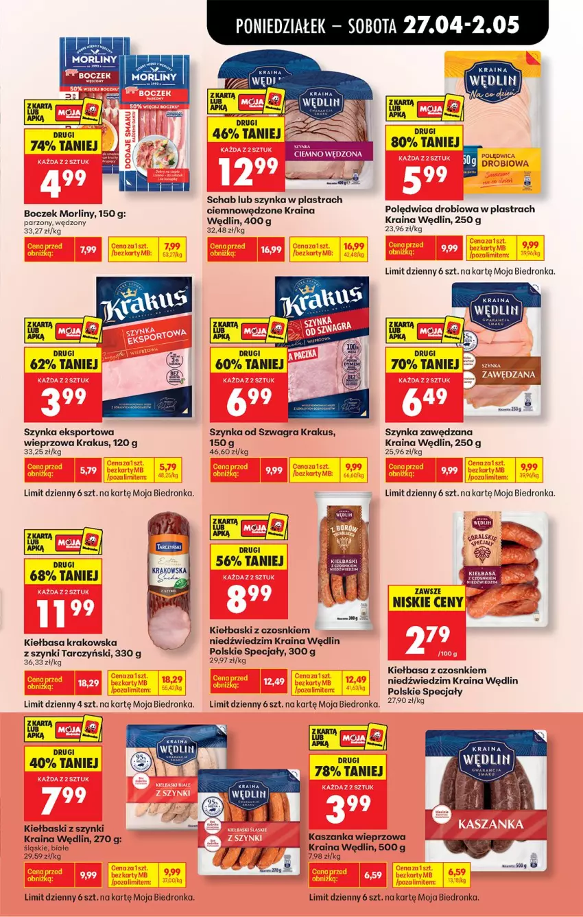 Gazetka promocyjna Biedronka - Od Poniedziałku - ważna 27.04 do 02.05.2026 - strona 46 - produkty: Boczek, Gra, Kasza, Kaszanka, Kiełbasa, Kiełbasa krakowska, Krakus, Morliny, Polędwica, Por, Sport, Szynka, Tarczyński