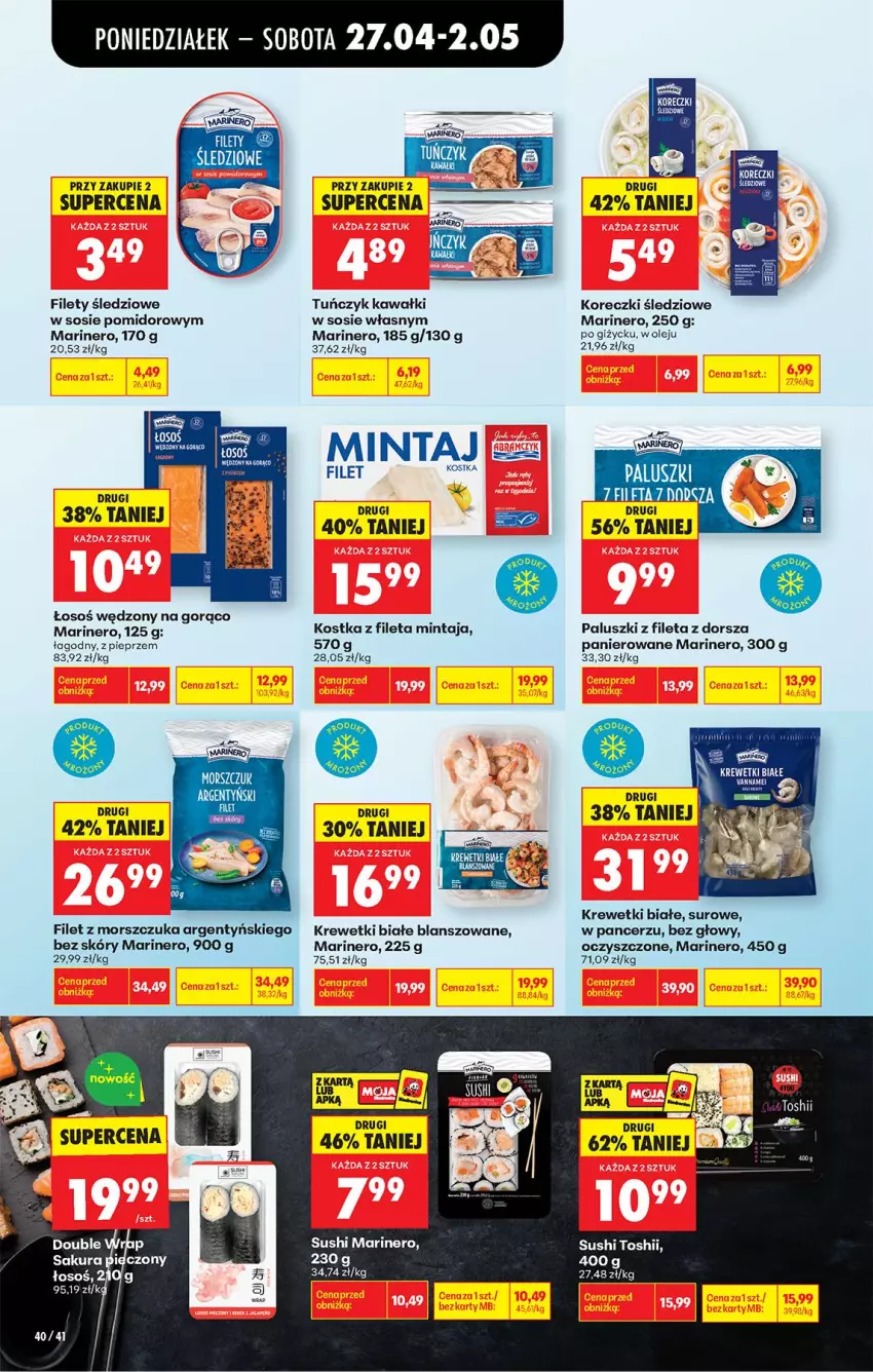 Gazetka promocyjna Biedronka - Od Poniedziałku - ważna 27.04 do 02.05.2026 - strona 49 - produkty: Dorsz, Filet z morszczuka, Kawa, Koreczki śledziowe, Krewetki, Mintaj, Olej, Pieprz, Sos, Sushi, Tuńczyk