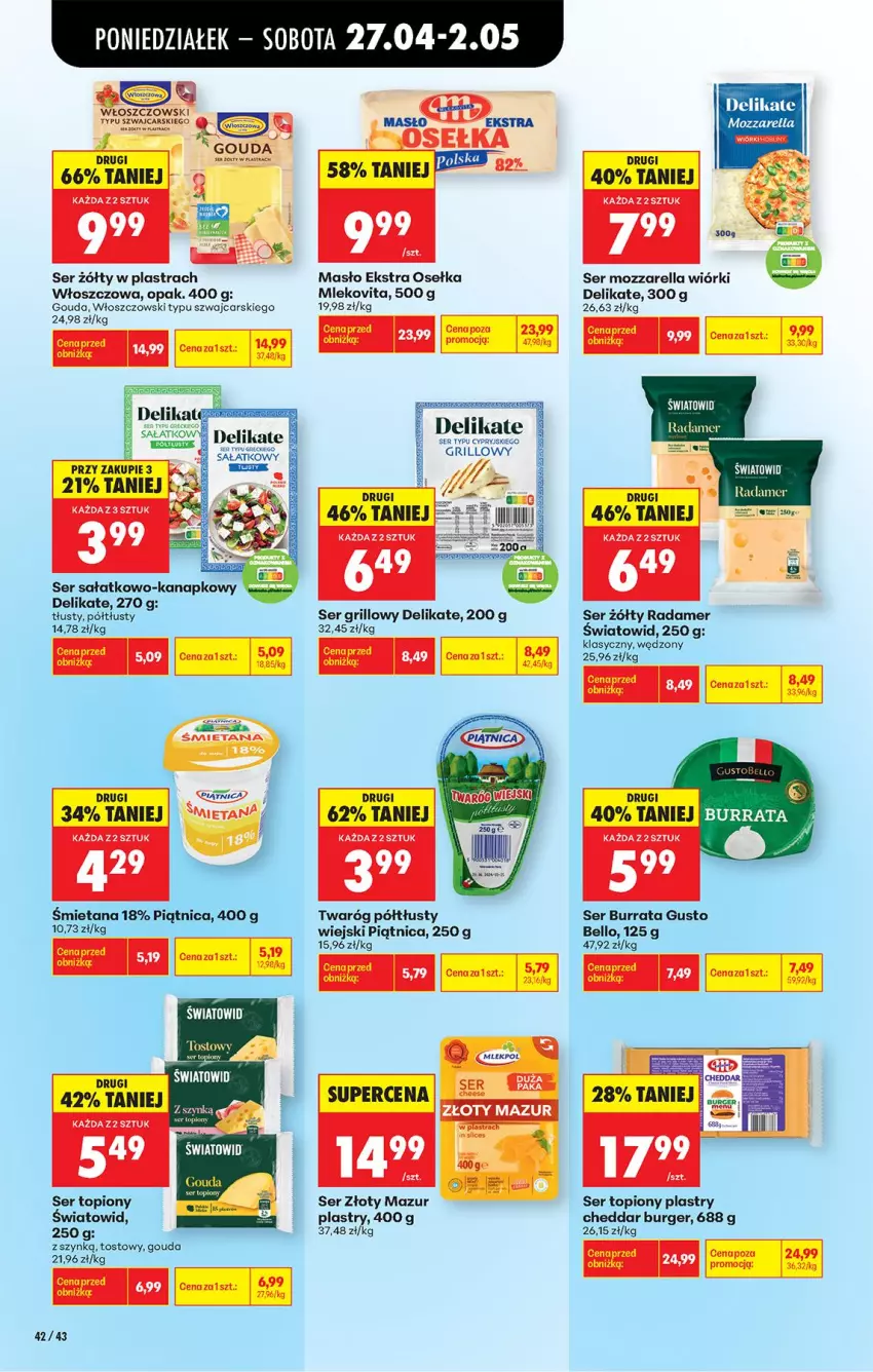 Gazetka promocyjna Biedronka - Od Poniedziałku - ważna 27.04 do 02.05.2026 - strona 51 - produkty: Bell, Burger, Burrata, Cars, Cheddar, Fa, Gouda, Grill, Masło, Mleko, Mlekovita, Mozzarella, Piątnica, Radamer, Sałat, Ser, Ser topiony, Top, Twaróg, Twaróg półtłusty, Włoszczowski, Złoty Mazur