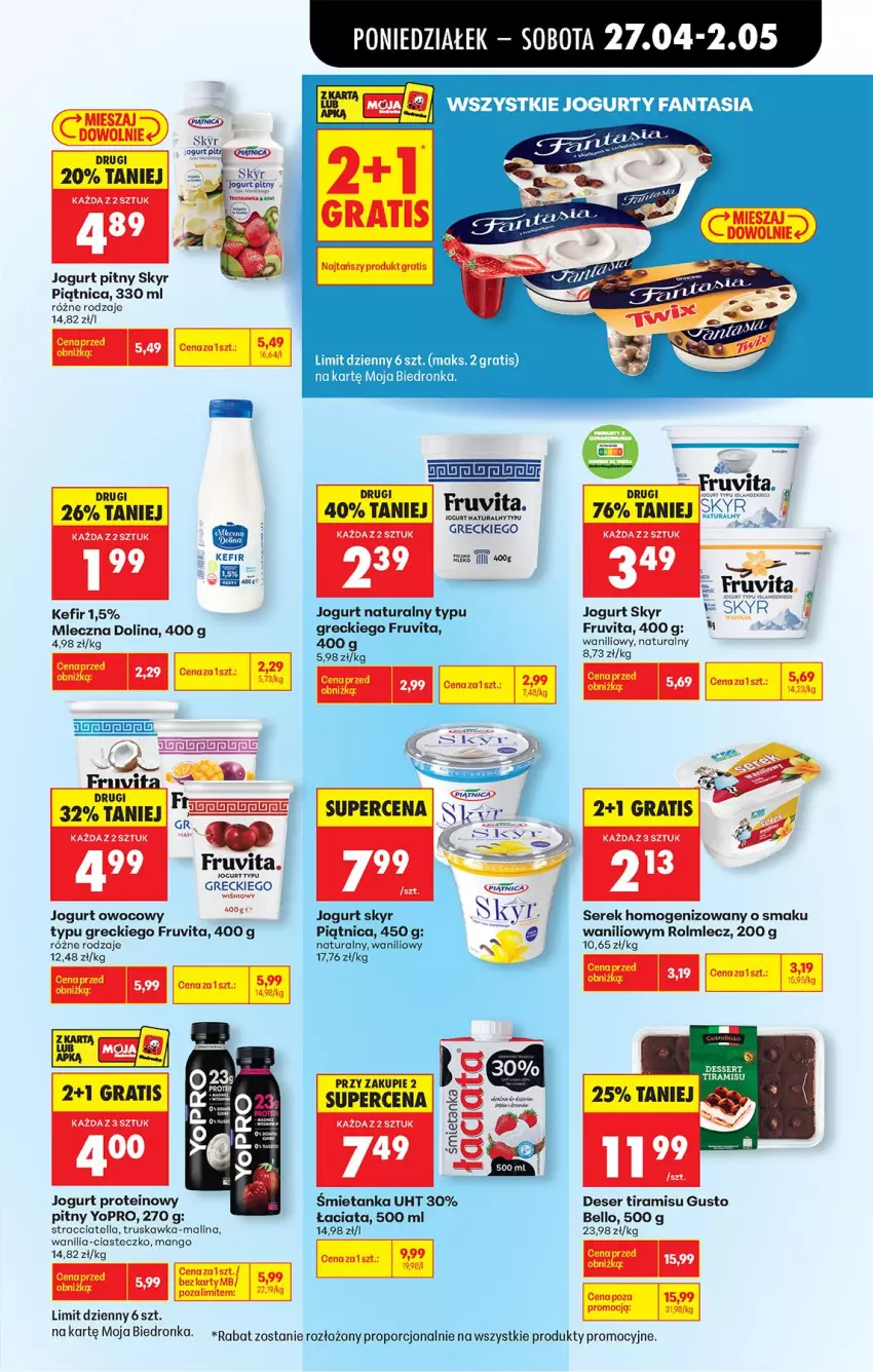 Gazetka promocyjna Biedronka - Od Poniedziałku - ważna 27.04 do 02.05.2026 - strona 52 - produkty: Bell, Deser, Fa, Fanta, Gra, Jogurt, Jogurt naturalny, Jogurt owocowy, Jogurt pitny, Kefir, Mango, Piątnica, Por, Rolmlecz, Ser, Serek, Serek homogenizowany