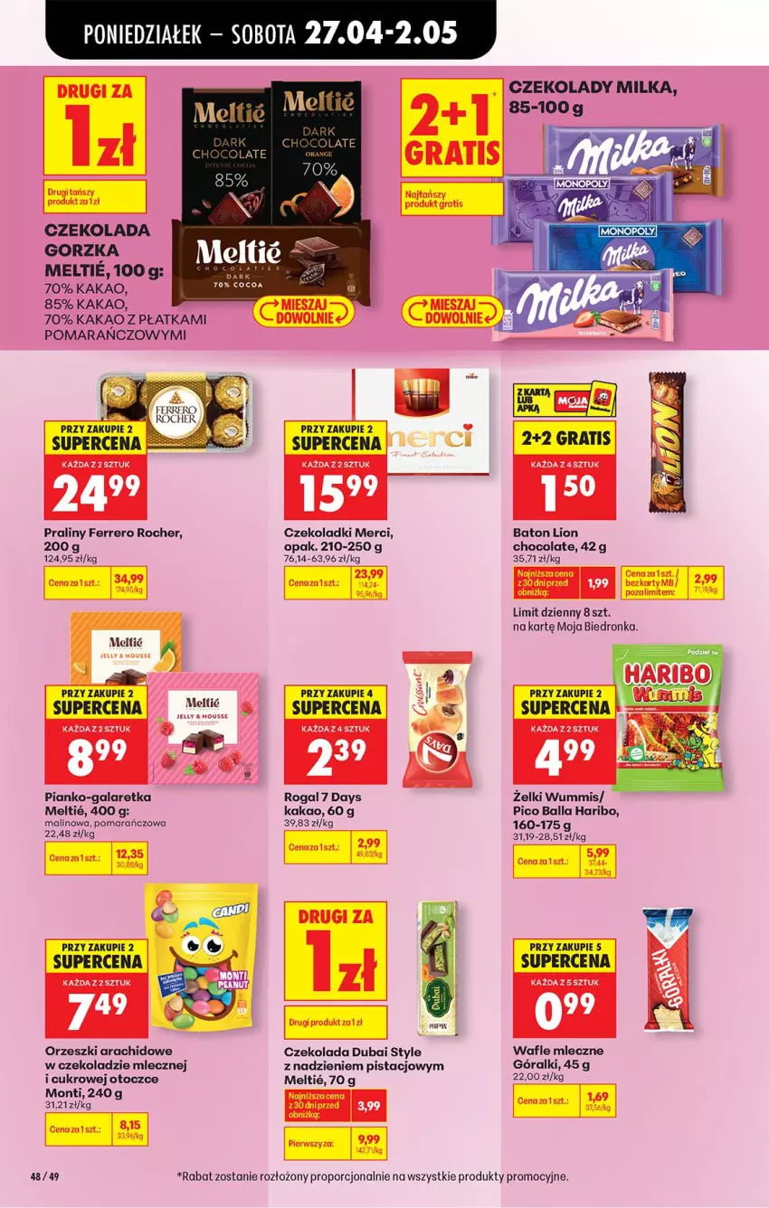 Gazetka promocyjna Biedronka - Od Poniedziałku - ważna 27.04 do 02.05.2026 - strona 57 - produkty: 7 Days, Baton, Czekolada, Czekolada gorzka, Ferrero, Ferrero Rocher, Gala, Galaretka, Góralki, Gra, Haribo, Kakao, Lion, Merci, Milka, Orzeszki, Por, Praliny, Rogal, Wafle