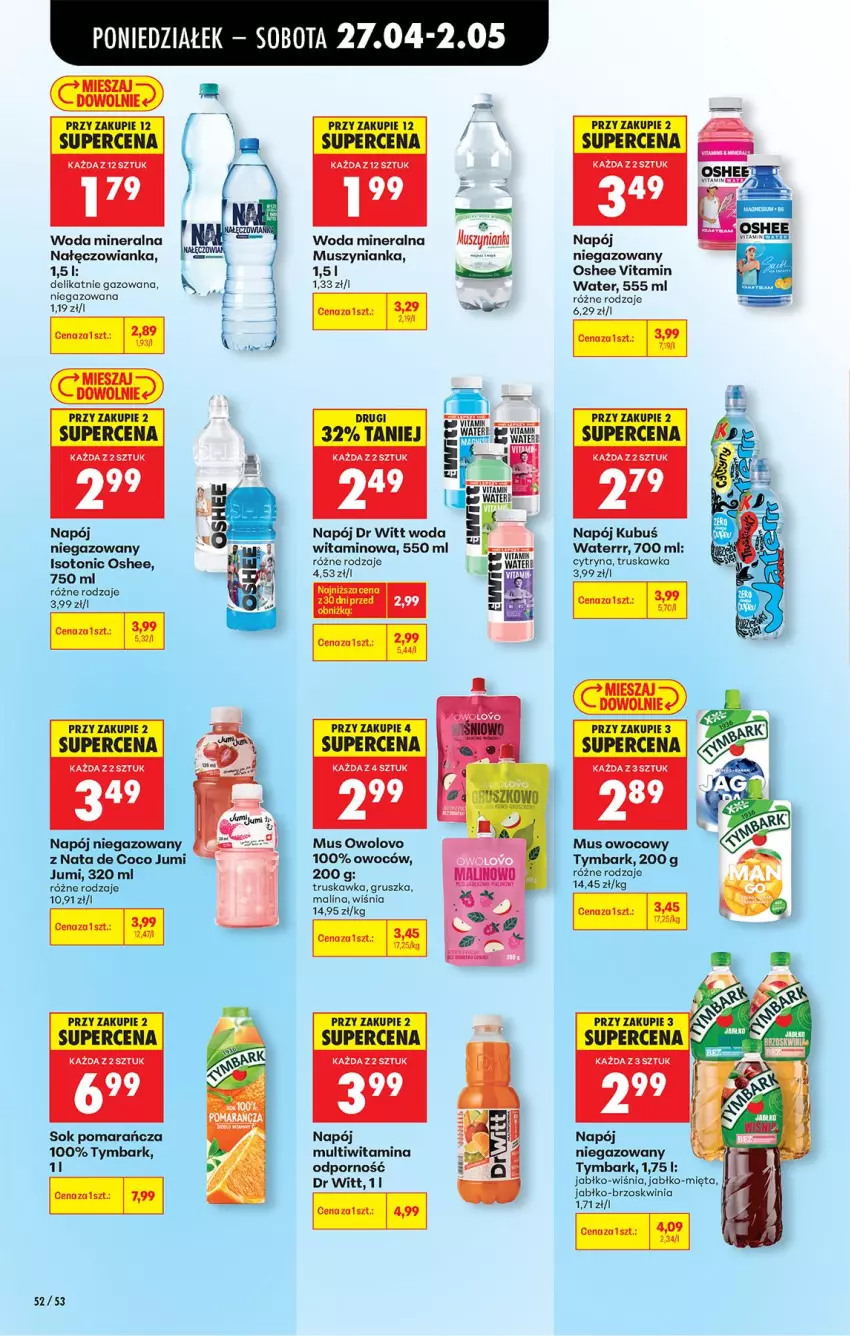 Gazetka promocyjna Biedronka - Od Poniedziałku - ważna 27.04 do 02.05.2026 - strona 61 - produkty: Kubuś, Kubuś Waterrr, Mięta, Mus, Muszynianka, Nałęczowianka, Napój, Napój niegazowany, Oshee, Por, Sok, Tymbark, Woda, Woda mineralna