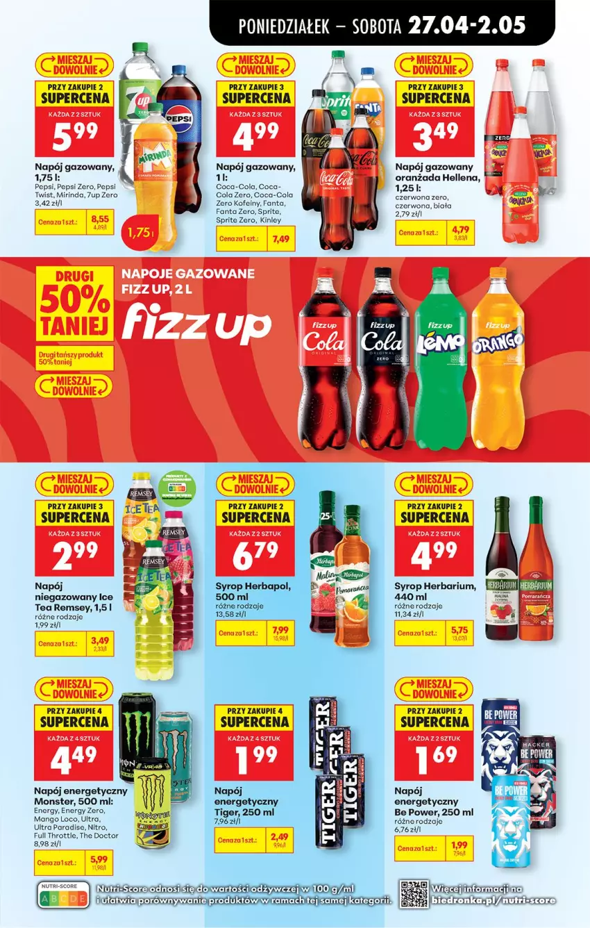 Gazetka promocyjna Biedronka - Od Poniedziałku - ważna 27.04 do 02.05.2026 - strona 62 - produkty: 7up, Coca-Cola, Fa, Fanta, Full Throttle, Hellena, Mango, Mirinda, Napój, Napój energetyczny, Napój gazowany, Pepsi, Sprite, Syrop, Tiger