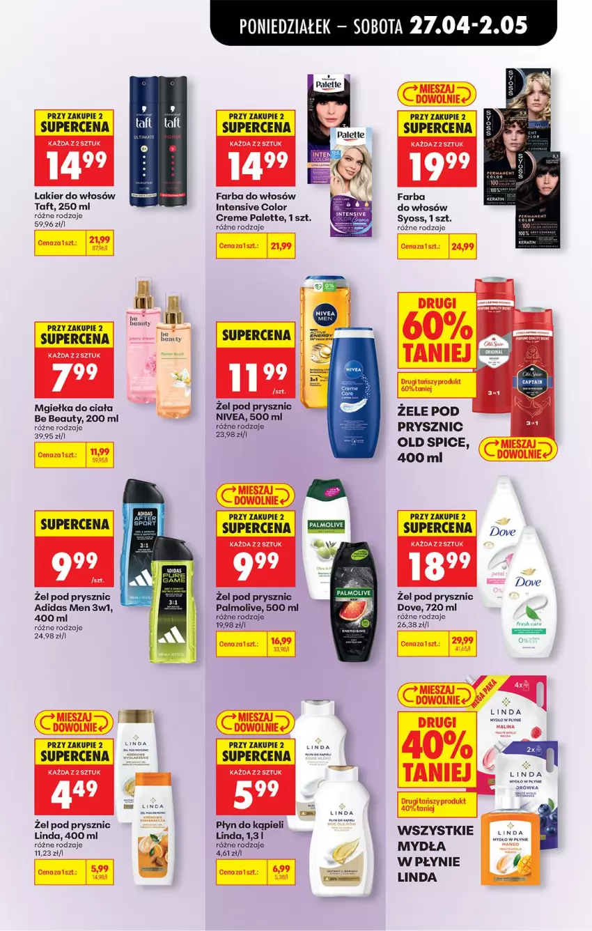 Gazetka promocyjna Biedronka - Od Poniedziałku - ważna 27.04 do 02.05.2026 - strona 64 - produkty: Adidas, Be Be, Color Creme, Dove, Fa, Farba do włosów, Lakier, Lakier do włosów, Mydło, Mydło w płynie, Nivea, Old Spice, Palette, Palmolive, Syoss, Taft