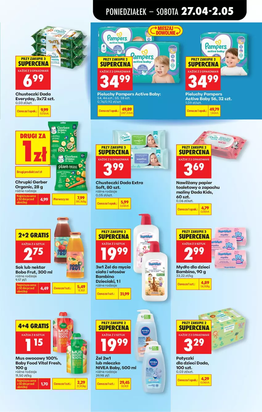 Gazetka promocyjna Biedronka - Od Poniedziałku - ważna 27.04 do 02.05.2026 - strona 68 - produkty: Chrupki, Chusteczki, Dada, Dzieci, Fa, Gerber, Gra, Maliny, Mleczko, Mus, Mydło, Nektar, Nivea, Nivea Baby, Pampers, Papier, Papier toaletowy, Pieluchy, Sok