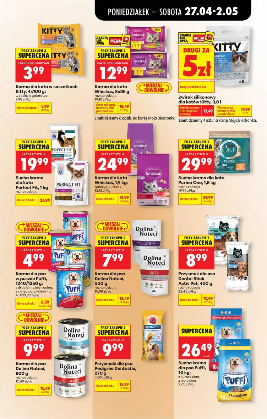Gazetka promocyjna Biedronka - Od Poniedziałku - ważna 27.04 do 02.05.2026 - strona 72 - produkty: Gala, Kurczak, Mus, Pedigree, Przysmak dla psa, Przysmaki, Puf, Pur, Purina, Sos, Sucha karma, Tuńczyk, Whiskas