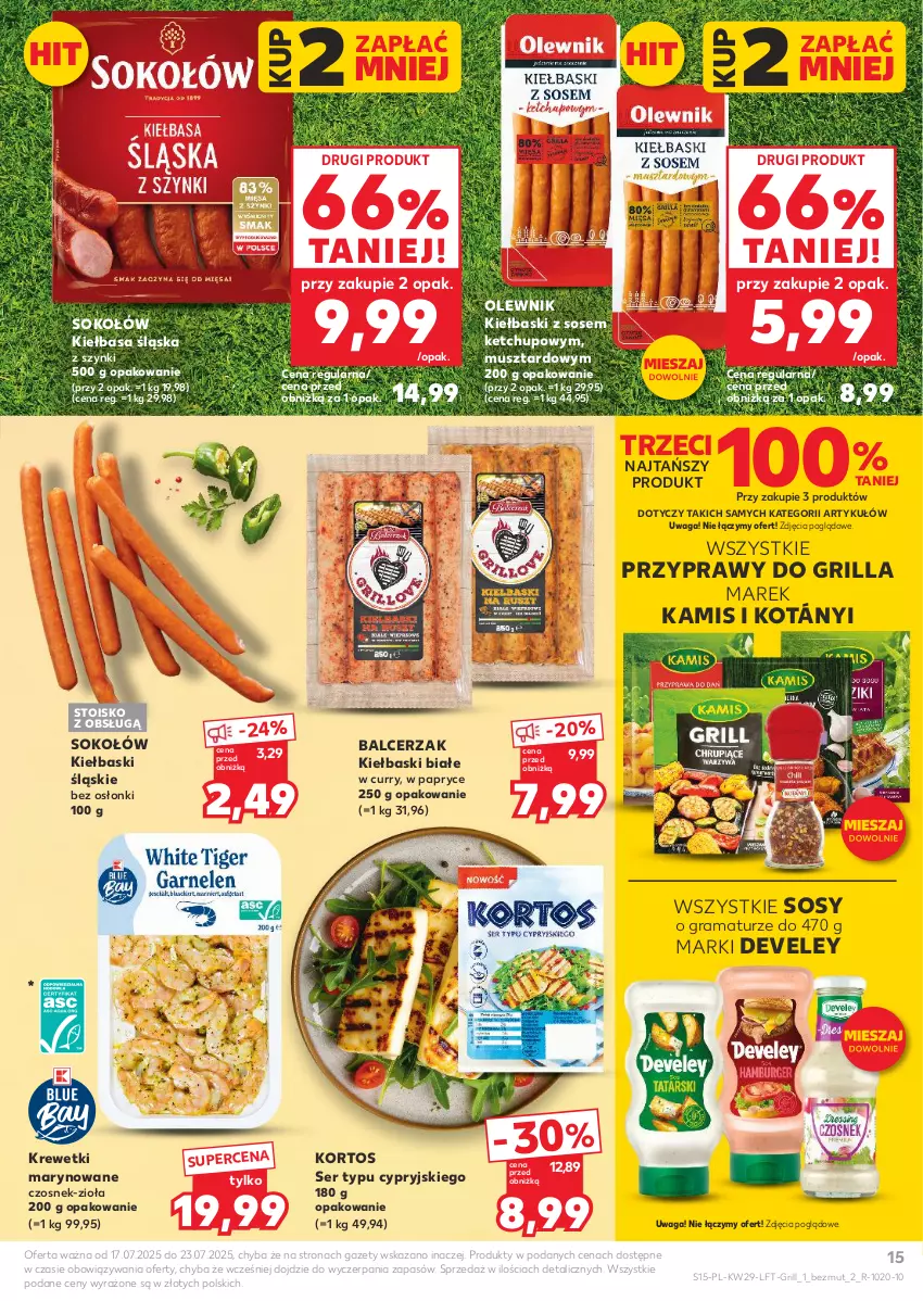 Gazetka promocyjna Kaufland - Gazetka tygodnia - ważna 17.07 do 23.07.2025 - strona 15 - produkty: Czosnek, Gra, Grill, Kamis, Ketchup, Kiełbasa, Kiełbasa śląska, Kiełbaski białe, Kiełbaski śląskie, Kotányi, Krewetki, Mus, Olewnik, Przyprawy, Rama, Ser, Sok, Sokołów, Sos, Waga