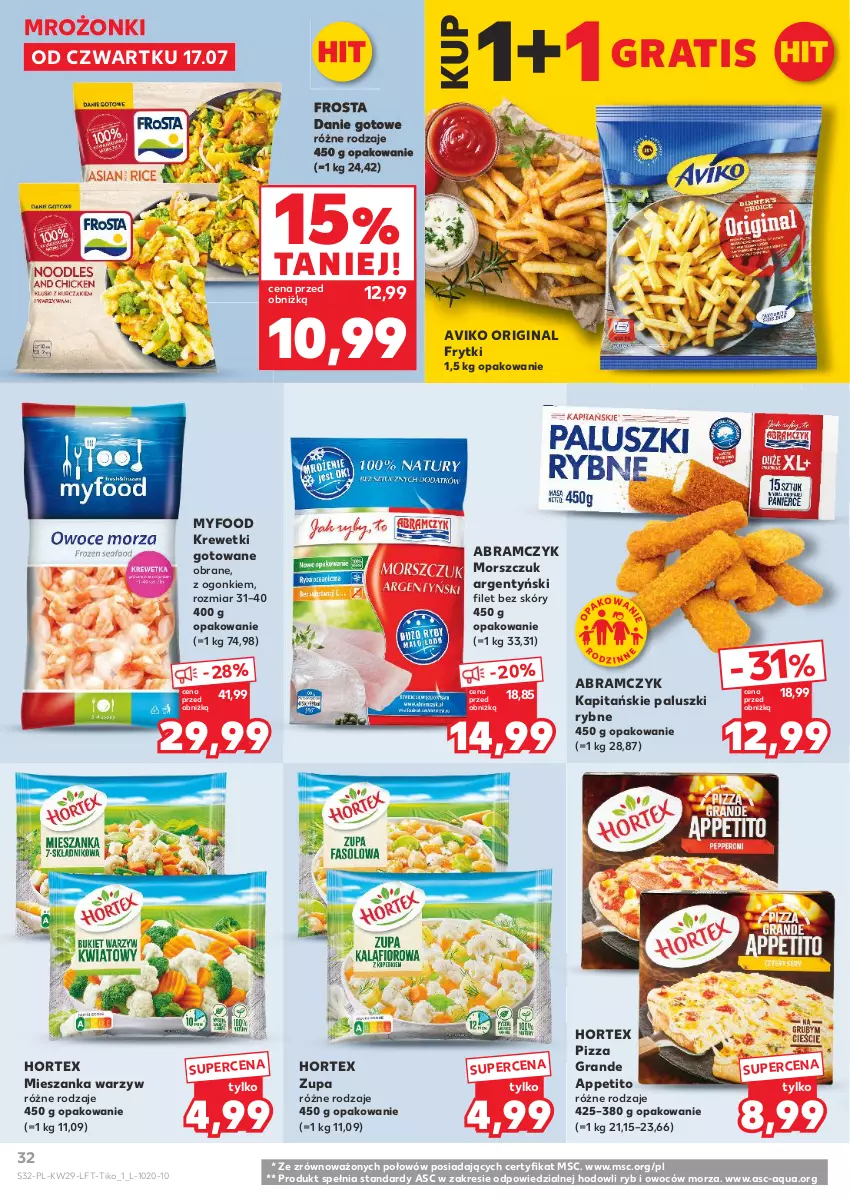 Gazetka promocyjna Kaufland - Gazetka tygodnia - ważna 17.07 do 23.07.2025 - strona 32 - produkty: Danie gotowe, Frosta, Frytki, Gin, Gra, Hortex, Krewetki, Mieszanka warzyw, Paluszki rybne, Pizza, Zupa