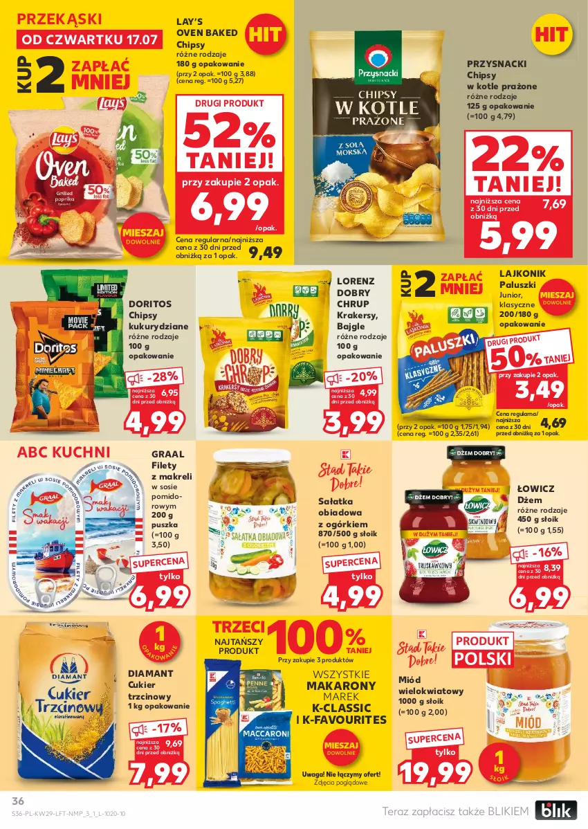 Gazetka promocyjna Kaufland - Gazetka tygodnia - ważna 17.07 do 23.07.2025 - strona 36 - produkty: Bajgle, Chipsy, Cukier, Cukier trzcinowy, Diamant, Dżem, Fa, Gra, Graal, Krakersy, Lajkonik, Lay’s, Lorenz, Makaron, Miód, Przysnacki, Sałat, Sałatka, Sos, Tera, Waga