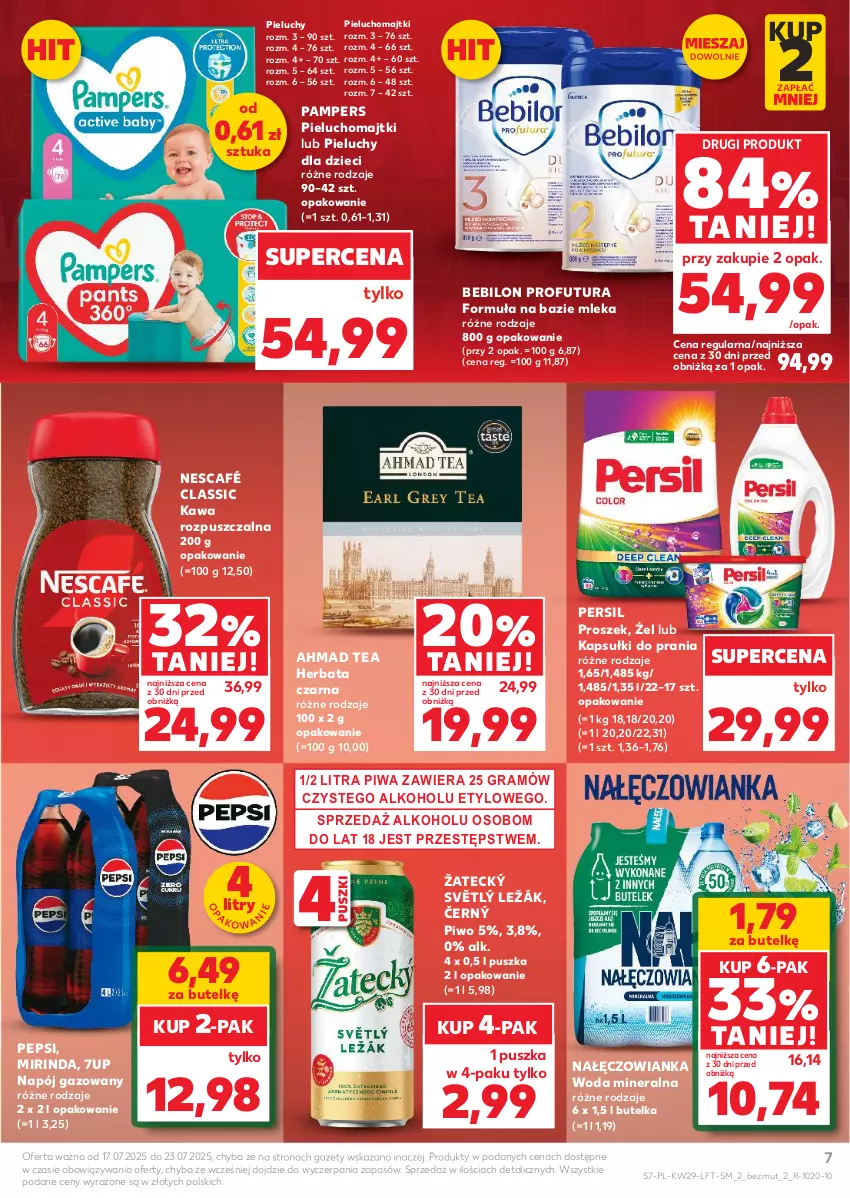 Gazetka promocyjna Kaufland - Gazetka tygodnia - ważna 17.07 do 23.07.2025 - strona 7 - produkty: 7up, BEBILON, Dzieci, Gra, Herbata, Herbata czarna, Kapsułki do prania, Kawa, Kawa rozpuszczalna, Majtki, Mirinda, Nałęczowianka, Napój, Napój gazowany, Nescafé, Pampers, Pepsi, Persil, Pieluchomajtki, Pieluchy, Piwa, Piwo, Woda, Woda mineralna