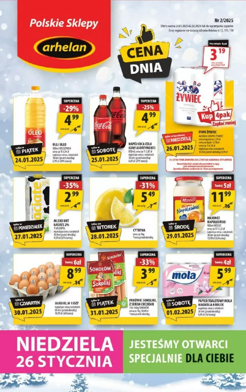 Gazetka promocyjna Arhelan - ważna 24.01 do 01.02.2025 - strona 1 - produkty: Brit, Cheddar, Fa, Keen, Mleko, Mola, Olej, Oleo, Papier, Papier toaletowy, Parówki, Parówki sokoliki, Piwo, Rama, Ser, Sok, Sokołów, STP, Tera