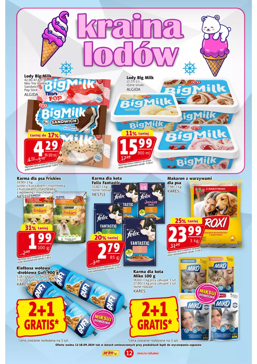 Gazetka promocyjna Prim Market - ważna 12.09 do 18.09.2024 - strona 12 - produkty: Algida, Big Milk, Fa, Fanta, Felix, Friskies, Kurczak, LG, Lody, Makaron, Warzywa