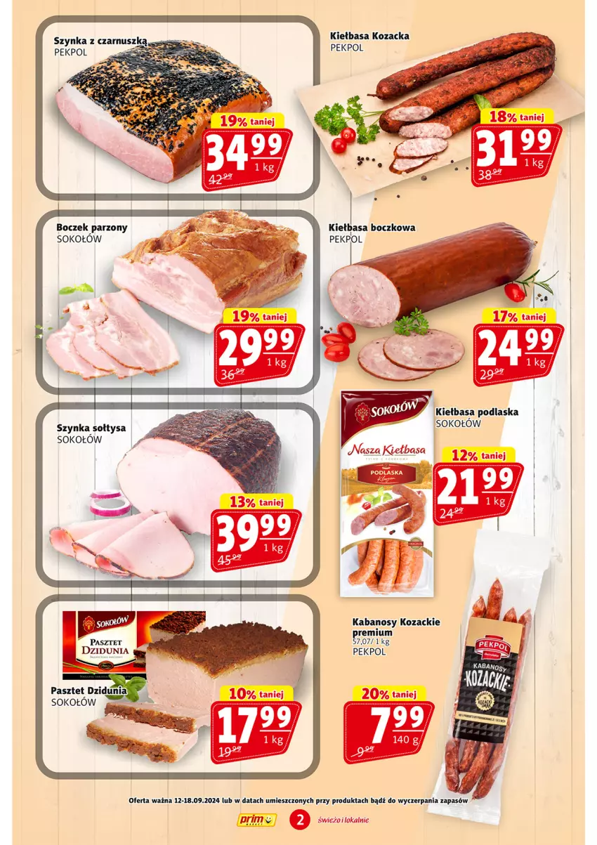 Gazetka promocyjna Prim Market - ważna 12.09 do 18.09.2024 - strona 2 - produkty: Boczek, Kabanos, Kiełbasa, Pasztet, Pekpol, Sok, Sokołów, Szynka