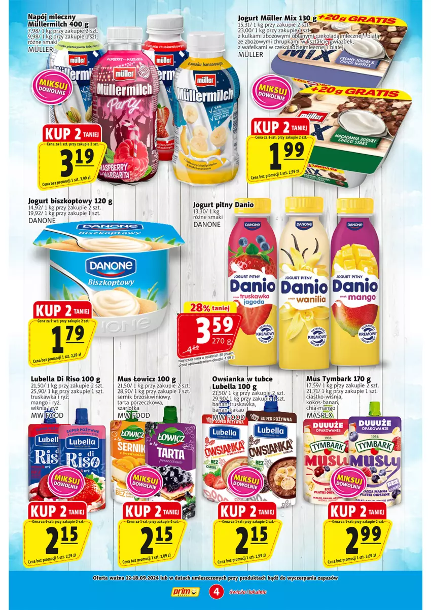 Gazetka promocyjna Prim Market - ważna 12.09 do 18.09.2024 - strona 4 - produkty: Bell, Bella, Chia, Danio, Danone, Jogurt, Jogurt pitny, Kakao, Kokos, Lubella, Mango, Miecz, Mus, Owsianka, Por, Ryż, Ser, Szarlotka, Tarta, Tymbark