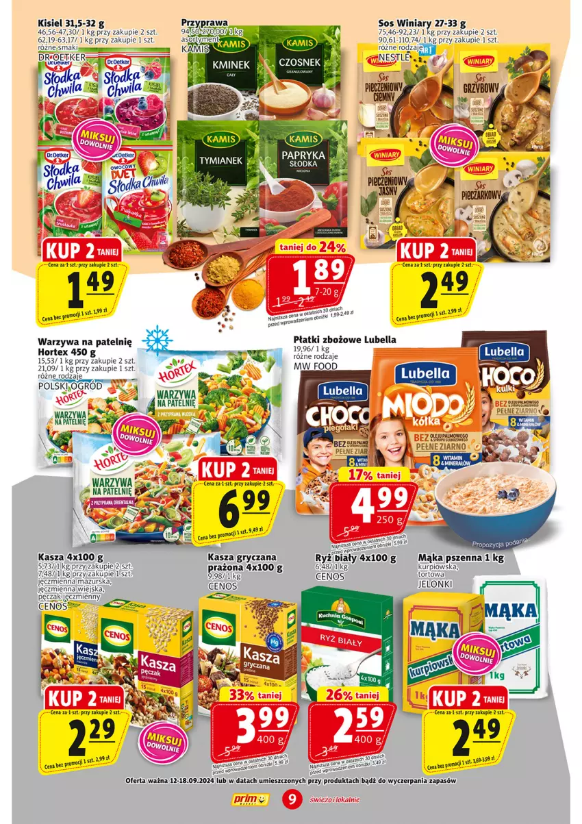 Gazetka promocyjna Prim Market - ważna 12.09 do 18.09.2024 - strona 9 - produkty: Bell, Bella, Cenos, Gry, Hortex, Kasza, Kasza gryczana, Kisiel, Lubella, Mąka, Mąka pszenna, Ogród, Por, Ryż, Ryż biały, Sos, Warzywa, Winiary