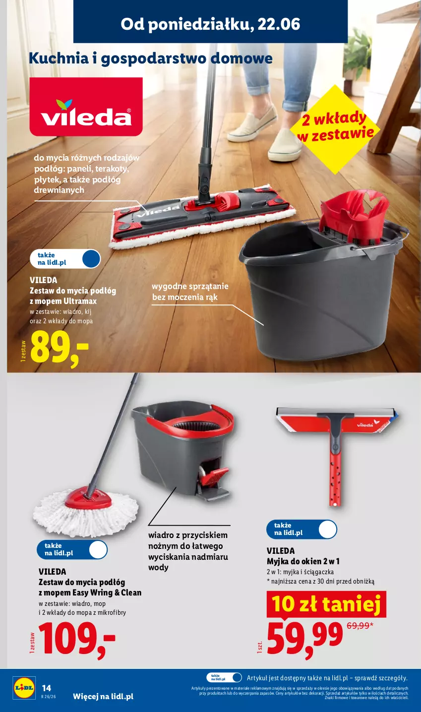 Gazetka promocyjna Lidl - Katalog ważny od 22.06 - ważna 22.06 do 27.06.2026 - strona 16 - produkty: Kuchnia, Mop, Myjka do okien, Noż, Rama, Sprzątanie, Tera, Vileda, Wiadro