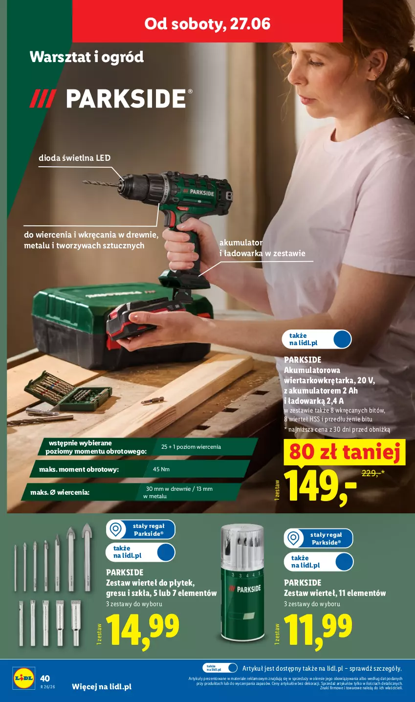 Gazetka promocyjna Lidl - Katalog ważny od 22.06 - ważna 22.06 do 27.06.2026 - strona 46 - produkty: Akumulator, Akumulatorowa wiertarkowkrętark, Gres, Ogród, Parkside, Regał, Tarka, Warka, Wiertarkowkrętarka, Wkręt, Wkrętarka, Zestaw wierteł
